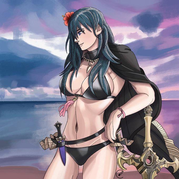 1girls beach bikini black_bikini black_swimsuit blue_eyes byleth_(fire_emblem) byleth_(fire_emblem)_(female) byleth_(summer)_(fire_emblem)_(female) dagger female fire_emblem fire_emblem:_three_houses fire_emblem_heroes knife large_breasts midriff nintendo sea seaside solo swimsuit sword sword_of_the_creator teal_hair thighs water