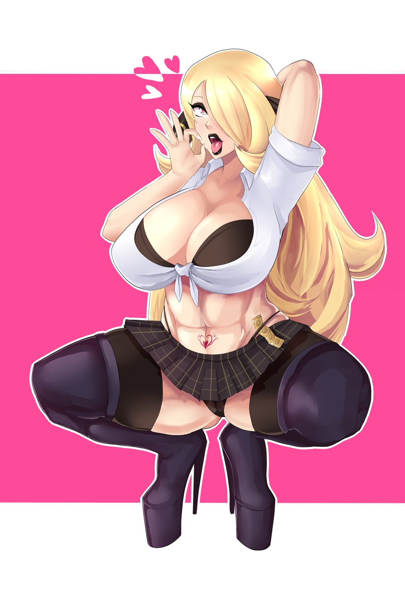 1girls, abs, big breasts, black lipstick, black thighhighs, black thong, blonde hair, bra, breasts, condom, cynthia (pokemon), female, female only, high heel boots, high heels, human, human only, large breasts, light skin, light-skinned female, lipstick, miniskirt, nintendo, pale skin, pale-skinned female, pokemon, pokemon dppt, sexually suggestive, solo, squatting, tattoo, thighhighs, thong, xiceowl, yellow eyes