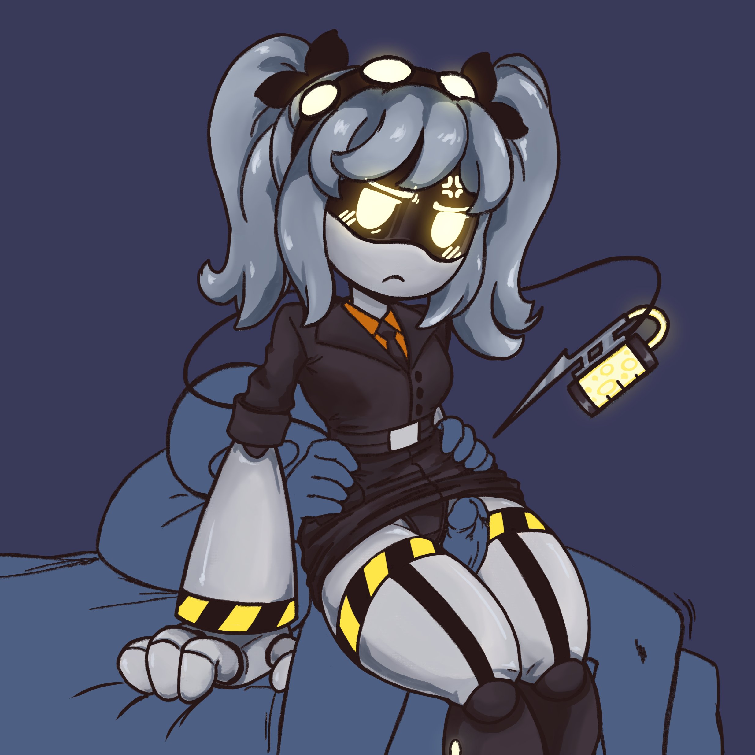 1boy, 1girls, anger vein, bed, black panties, blush, clothed, female, female on top, grey hair, hairband, j (murder drones), lewdthealess, long hair, male, murder drones, nude, nude male, panties, robot, robot girl, robot humanoid, screen face, straight, tail, thigh sex, twintails, upskirt, white body, yellow eyes