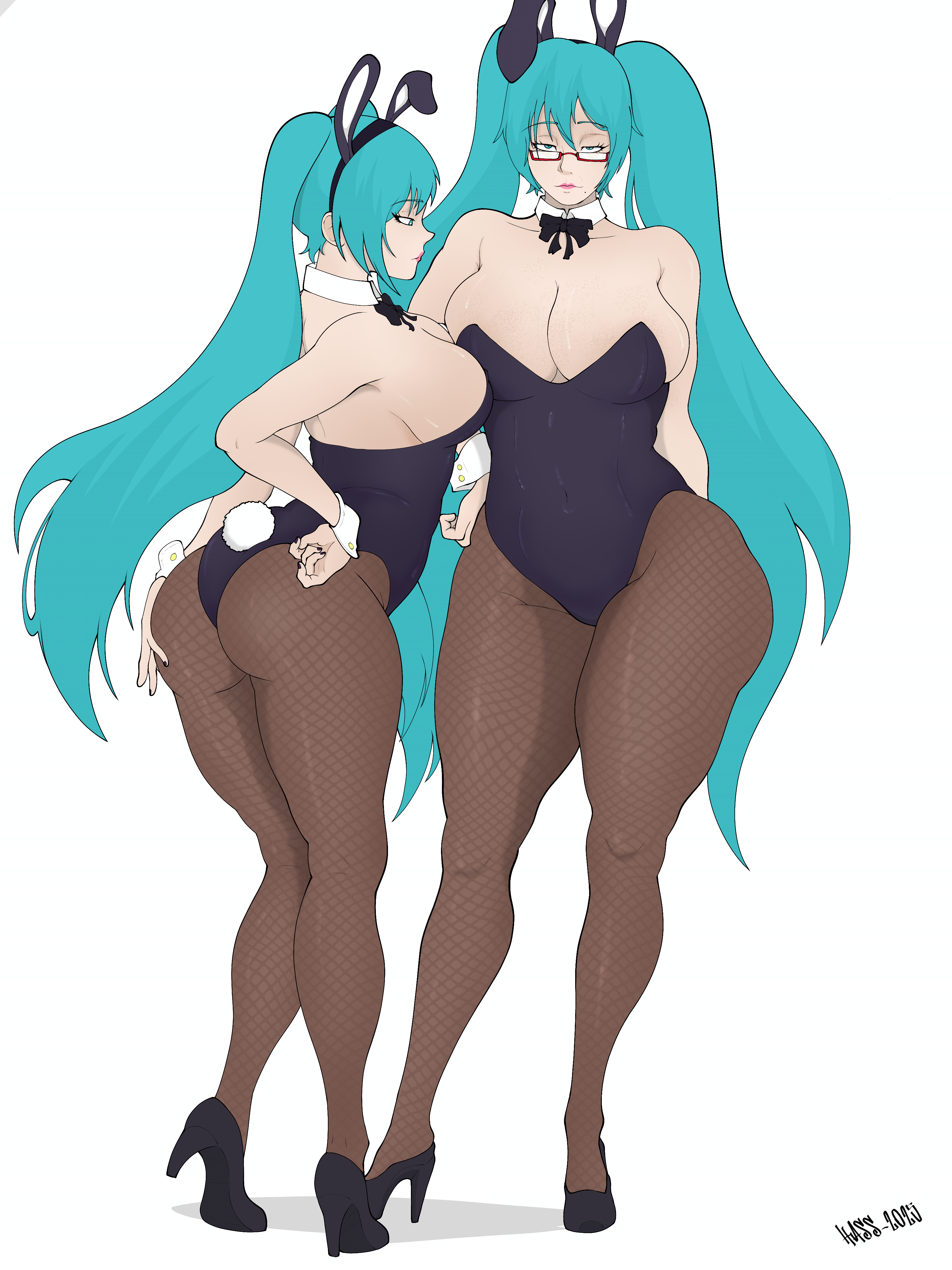 1girl, 2girls, animal ears, aqua eyes, aqua hair, ass, bare shoulders, bespectacled, big ass, big breasts, black footwear, black leotard, blue hair, bow, bowtie, breasts, bubble butt, bunny ears, bunny tail, bunnysuit, busty, cleavage, clothing, detached collar, fake animal ears, fat ass, female, female only, fishnets, full body, glasses, hand on hip, hassdr4w, hatsune miku, heels, high heels, huge ass, huge breasts, large ass, large breasts, leotard, long hair, looking at viewer, milf, multiple girls, pantyhose, playboy bunny, png, rabbit ears, rabbit tail, red-framed eyewear, shoes, strapless, strapless leotard, tail, thick ass, thick thighs, thighs, thunder thighs, twintails, very long hair, vocaloid, white background, wide hips, wrist cuffs