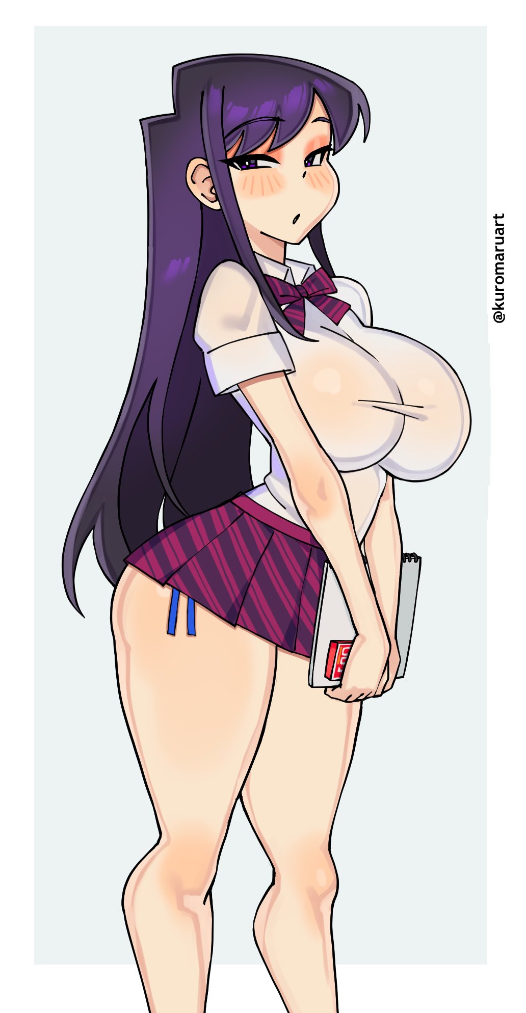 1girls, 2023, big breasts, blush, breasts, female, female only, hi res, komi shouko, komi-san wa komyushou desu, kuromaruart, long hair, looking at viewer, narrowed eyes, neck ribbon, purple hair, skirt, solo, thick thighs