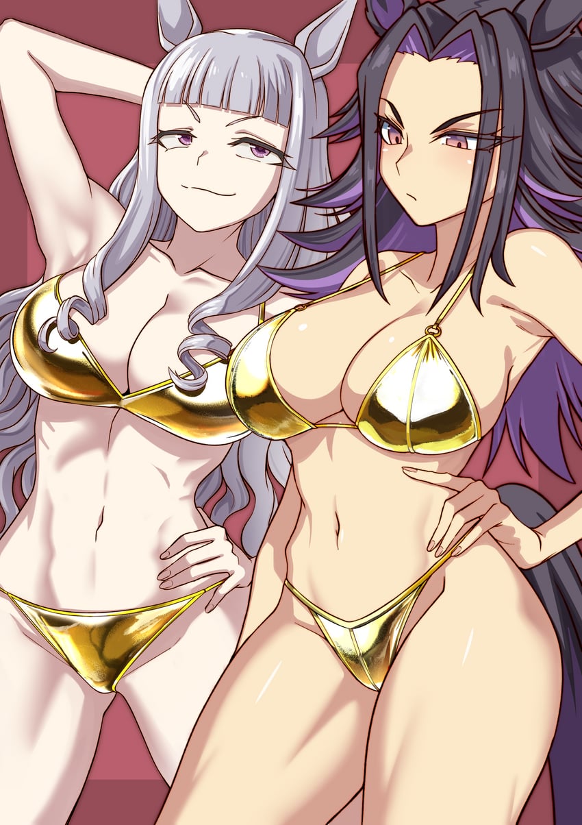 2girls, fenomeno (umamusume), gold ship (umamusume), golden bikini, umamusume, zasshu nigou