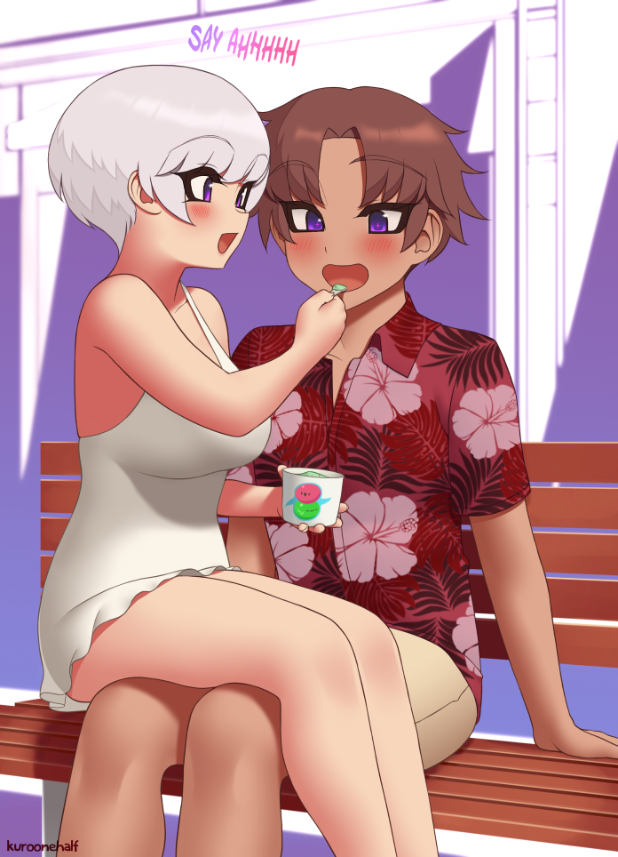 1boy 1girls 2020 armpits artist_name bare_arms bare_legs bare_shoulders bench blush breasts brown_hair clothed clothing couple cute dress english_text eyebrows_visible_through_hair female food frilled_dress frills hawaiian_shirt highres holding_food holding_ice_cream ice_cream kuroonehalf large_breasts looking_at_another male open_mouth original outdoors purple_eyes senpai_(kuroonehalf) shiori_(kuroonehalf) shirt short_hair shorts silver_hair sitting sitting_on_lap sitting_on_person smile talking text thick_thighs thighs valentine's_day white_dress