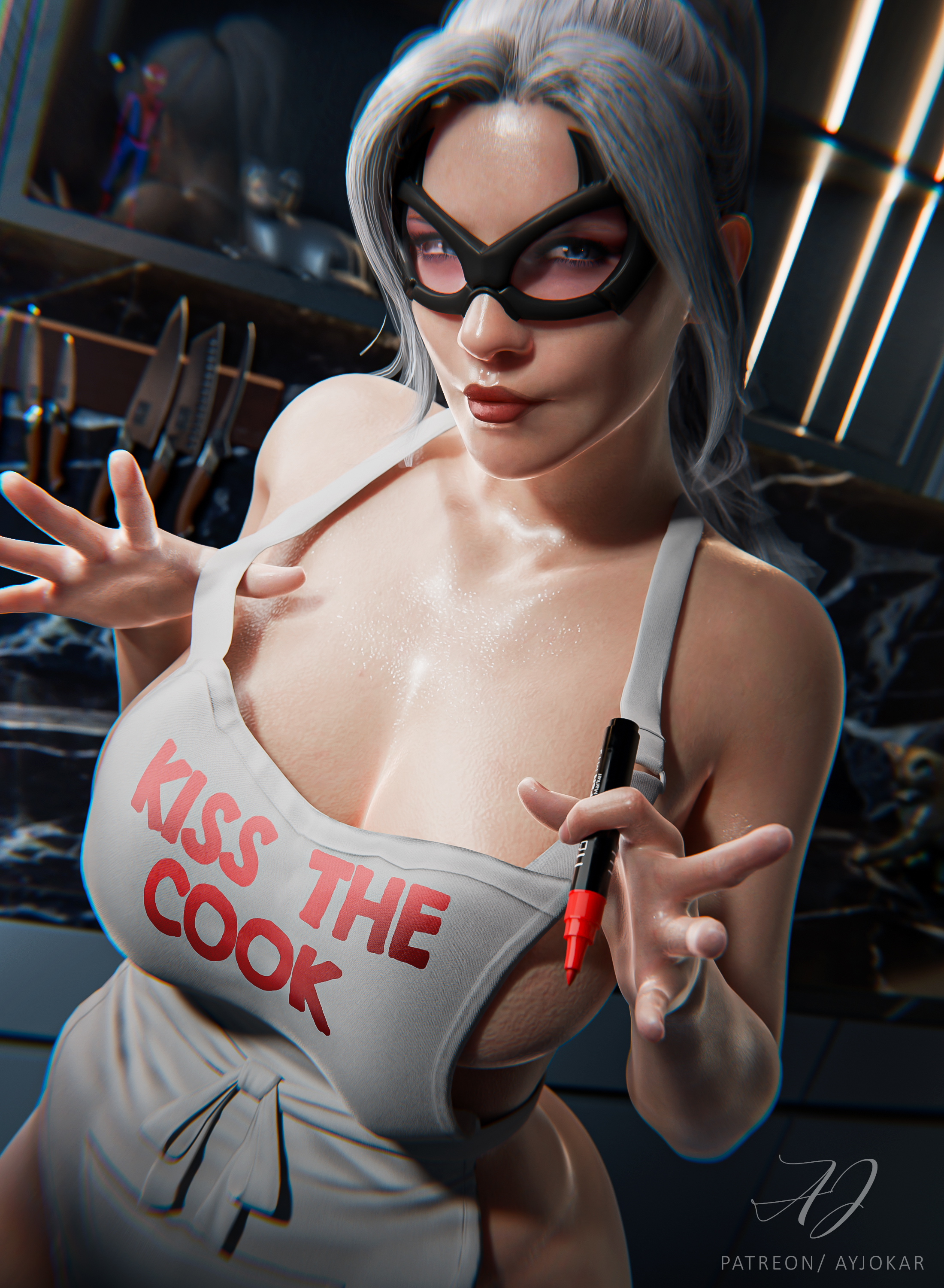 1girls, 2026, 3d, 3d (artwork), alluring, apron, apron only, big breasts, black cat (insomniac), black cat (marvel), blue eyes, breasts, curvaceous, curvaceous body, curvaceous female, curvaceous figure, curvaceous hips, curvy, curvy body, curvy female, curvy figure, curvy hips, enticing, felicia hardy, female, hips, huge breasts, jokar, kiss the cook, kitchen, large breasts, light skin, light-skinned female, looking at viewer, marker, marvel, marvel comics, mask, masked, masked female, massive breasts, perky breasts, ponytail, red lipstick, red marker, seducing, seductive, seductive look, sfw, shiny, shiny skin, spider-man (insomniac series), spider-man (series), superheroine, teasing, teasing viewer, temptation, tempting, tempting viewer, thick, thick breasts, thick hips, thick thighs, voluptuous, voluptuous female, white hair, white skin, wide hips