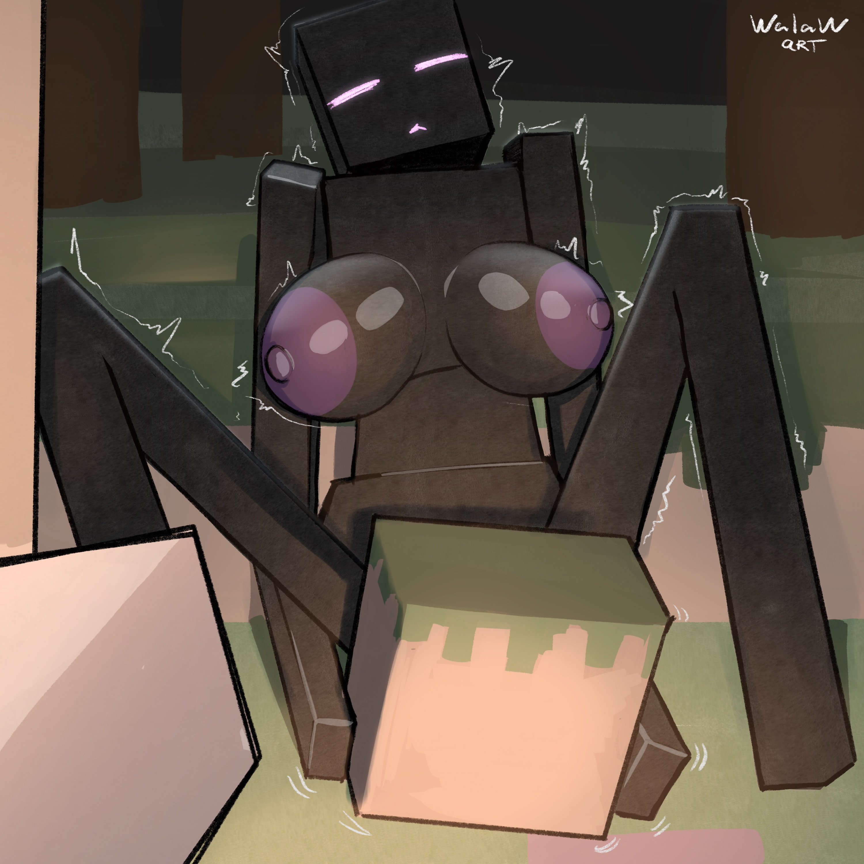 1girls, areola, areolae, big breasts, black body, breasts, breasts apart, caught in the act, caught masturbating, closed eyes, enderman, enderwoman, female focus, huge boobs, huge breasts, large areolae, masturbating, masturbation, microsoft, minecraft, mojang, monster, monster girl, nipples, purple areola, purple areolae, purple nipples, sitting, sitting on floor, square body, steve (minecraft), tremble lines, trembling, walaw, xbox game studios
