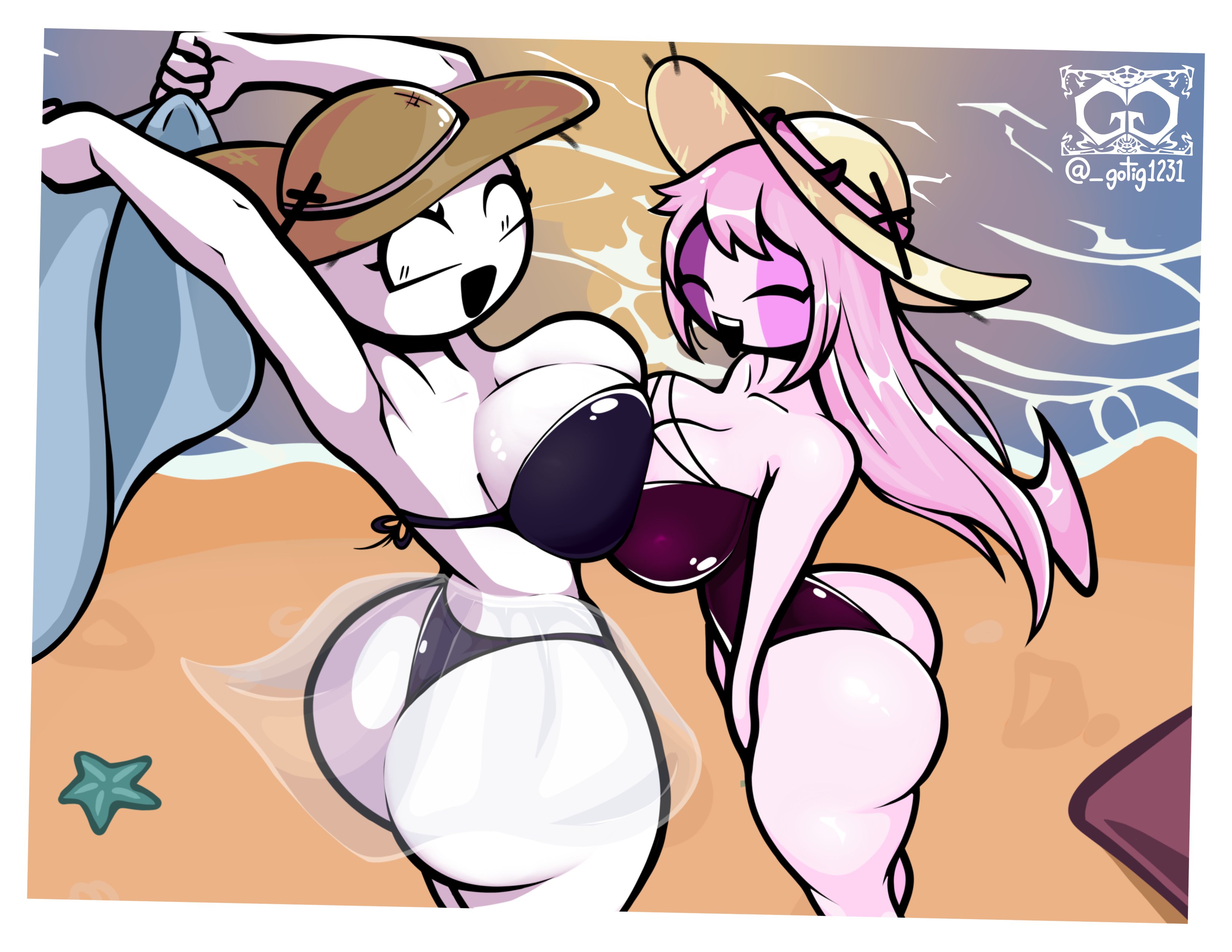 2girls, almost naked, ass, bald, beach, big ass, big breasts, big butt, bikini, breasts, bubble ass, bubble butt, busty, cleavage, curvy, curvy female, curvy figure, fat ass, female, female focus, female only, friday night fever, friday night funkin, friday night funkin mod, gotig1231, hat, huge ass, huge breasts, huge butt, large ass, large breasts, large butt, mid-fight masses, multicolored face, partially clothed, pink body, pink hair, pink skin, sand, sarvente (dokki.doodlez), semi nude, smile, swimsuit, swimwear, taki (fevertown), thick ass, water, white body, white eyes, white skin