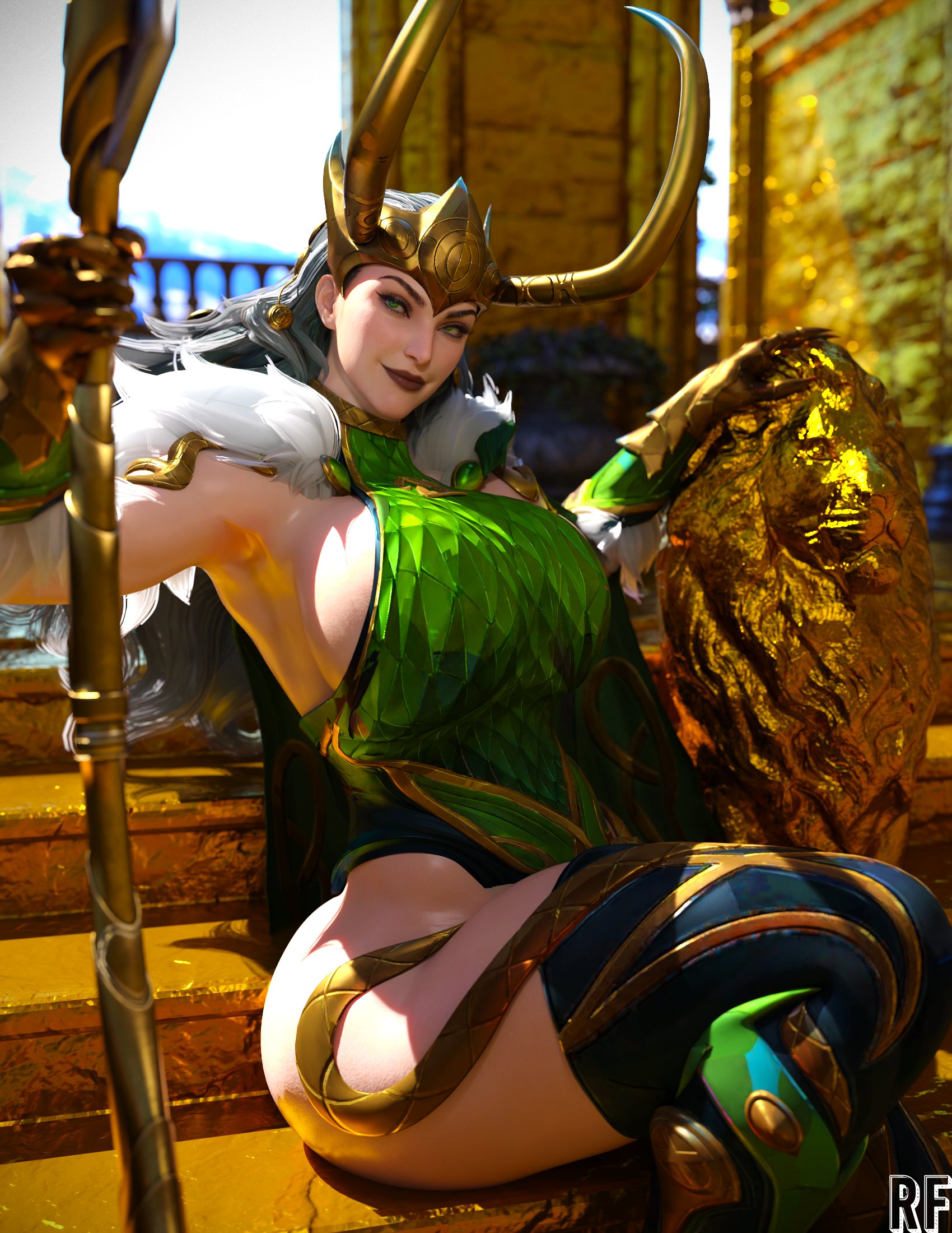 1girls, 3d, big breasts, helmet, huge breasts, lady loki, lady loki (marvel rivals), looking at viewer, marvel, marvel comics, marvel rivals, rude frog, rule 63