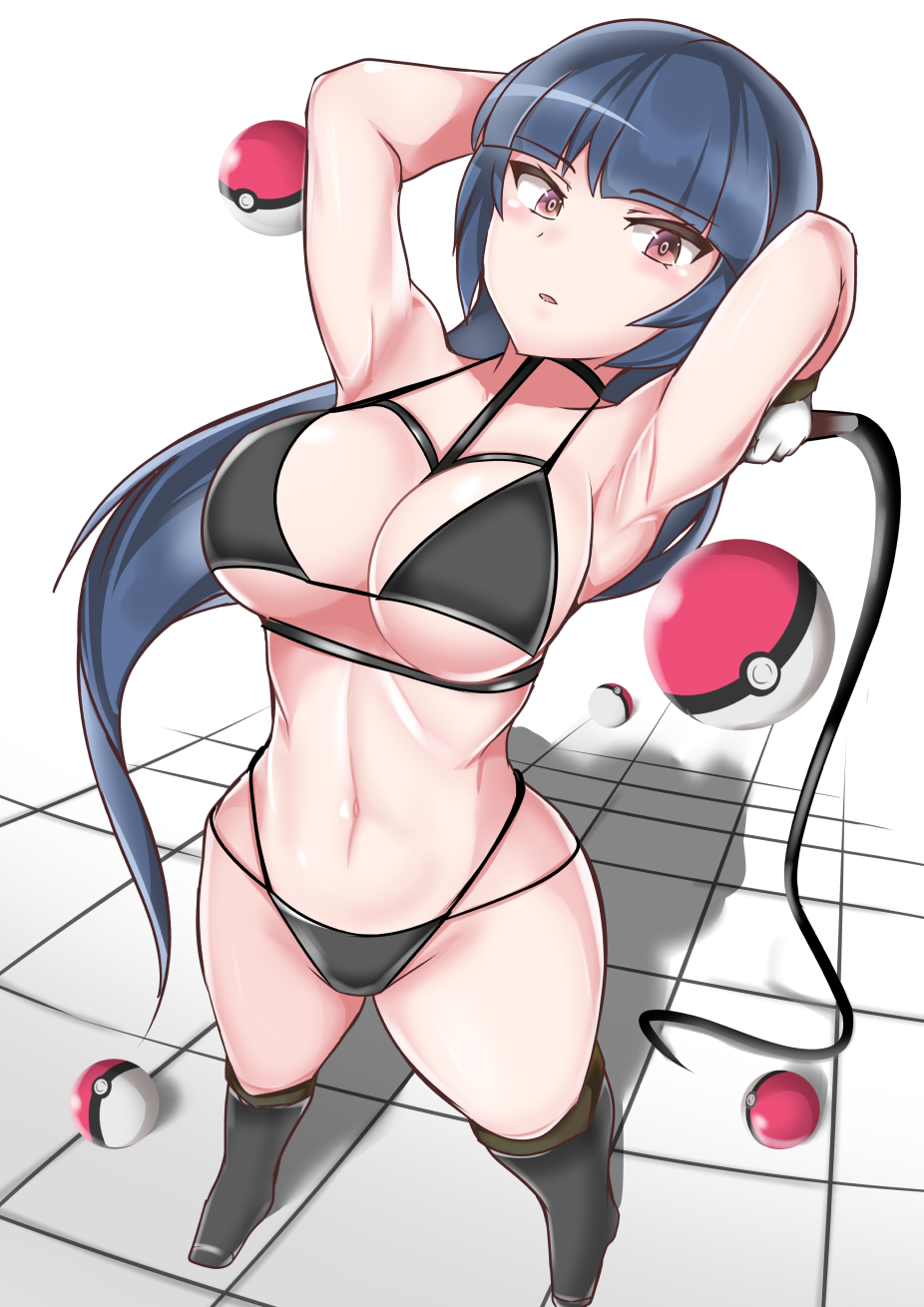 1girls abs big_breasts bikini blue_hair boots eye_contact female large_breasts long_hair looking_at_viewer nintendo pale-skinned_female pale_skin pink_eyes pokeball pokemon pokemon_rgby sabrina_(pokemon) sumida_kichi telekinesis