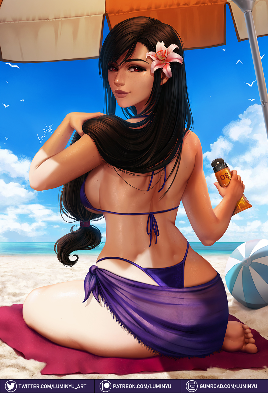 1girls, ass, back, back muscles, back view, beach, beach ball, big ass, big breasts, big butt, bikini, black hair, breasts, brown eyes, brown hair, curvaceous, curvy, feet, female, female focus, female only, final fantasy, final fantasy vii, final fantasy vii remake, hips, holding hair, holding object, large breasts, long hair, looking at viewer, looking back, luminyu, muscles, ocean, red eyes, smile, smiling, solo, solo female, solo focus, summer, sun, swimsuit, thick, thick thighs, thighs, tifa lockhart, toes, very long hair, voluptuous