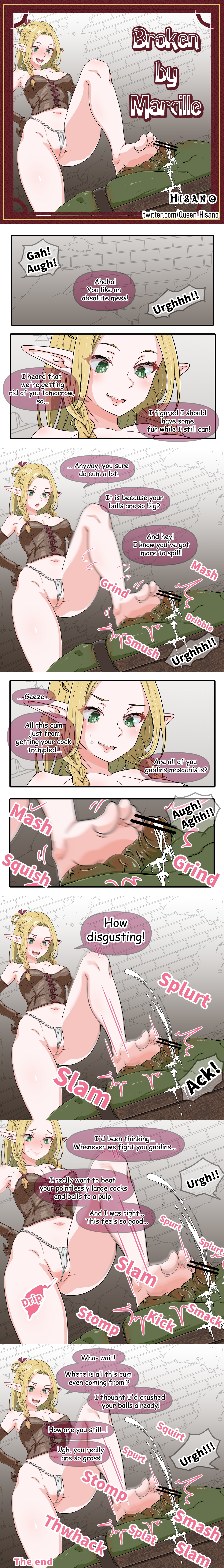 ballbusting, ballbusting orgasm, blonde, blonde female, blonde hair, blonde hair female, blonde-haired female, cock, cum, dick, dungeon meshi, ejaculation, elf, elf ears, elf female, elf girl, femdom, genitals, goblin, goblin male, green eyes, green eyes female, hisano, hourglass figure, marcille donato, navel, orgasm, panties, penis, pointy ears, semen, thick thighs