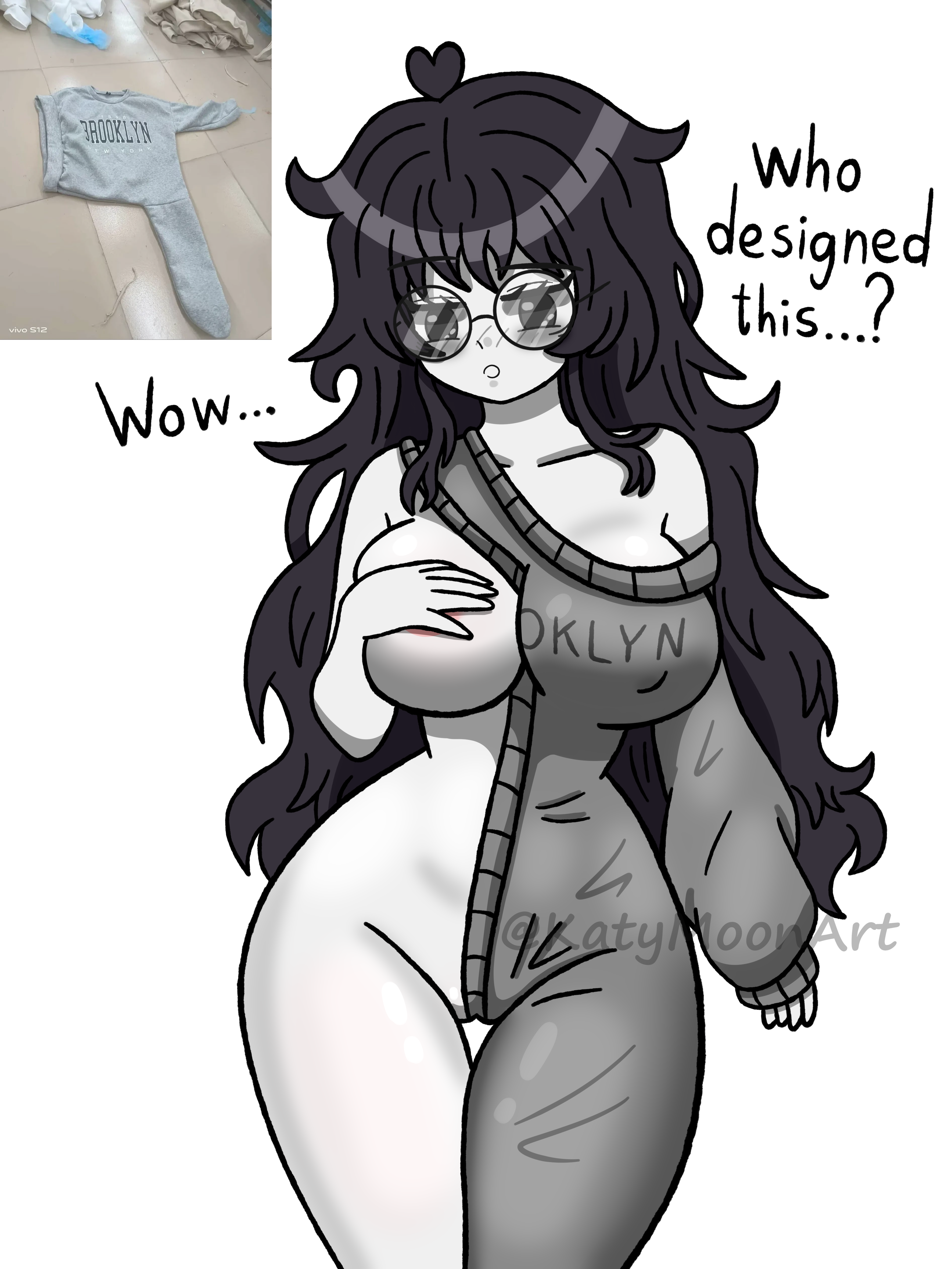 1girls, artist, big breasts, big thighs, black hair, blush, brooklyn sweater, choker, confused, cute, depressed, female, female only, glasses, katy (katymoonart), katymoonart, long hair, meme, messy hair, not porn, oc, original, original character, solo, solo female, stockings, sweater, text, tired eyes, white background, white body