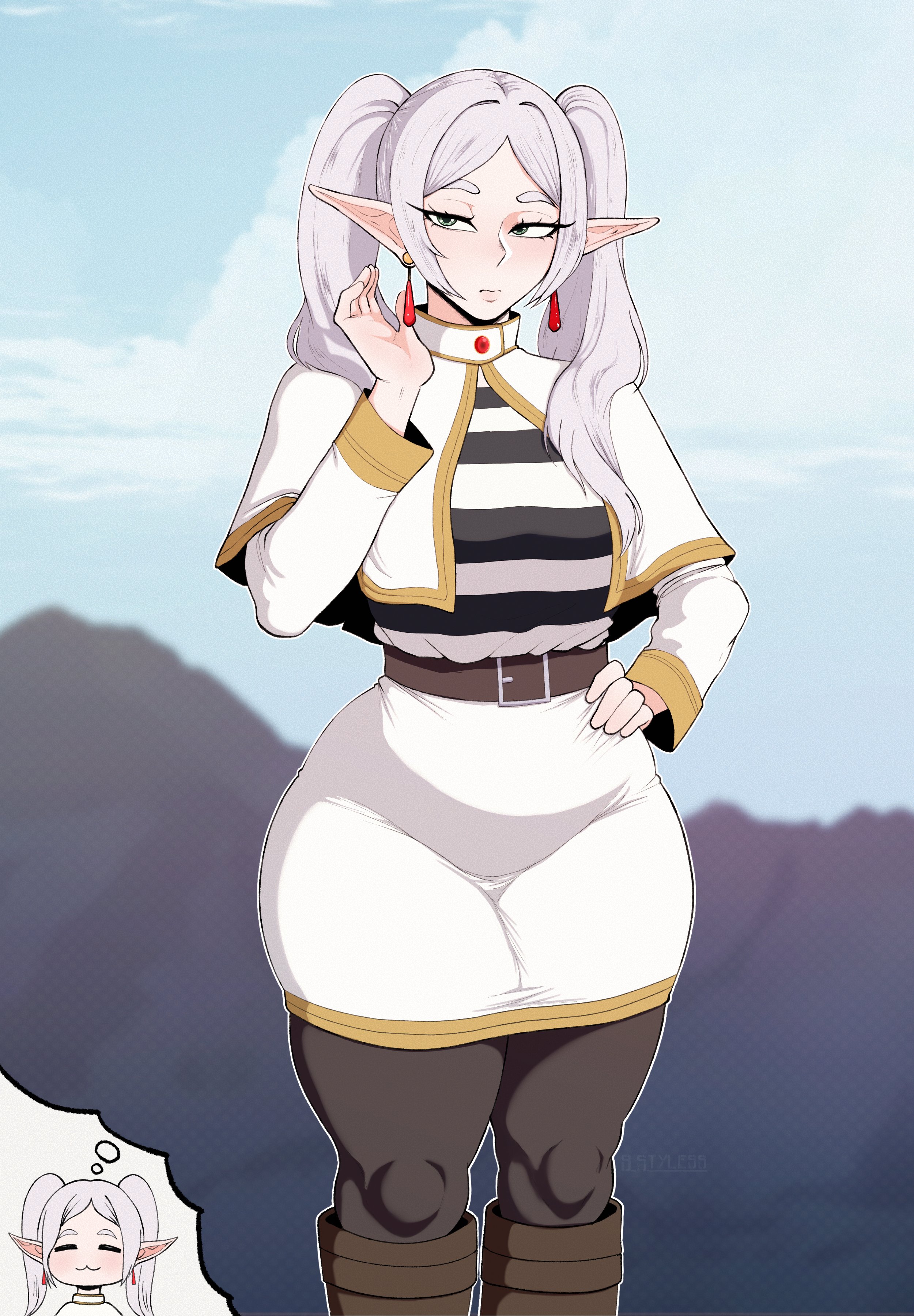 1girls, 9 styless, belt, boots, breasts, elf, female, female only, frieren, green eyes, hand on hip, jewelry, long hair, looking at viewer, pantyhose, pointy ears, sousou no frieren, tagme, thick thighs, thighs, twintails