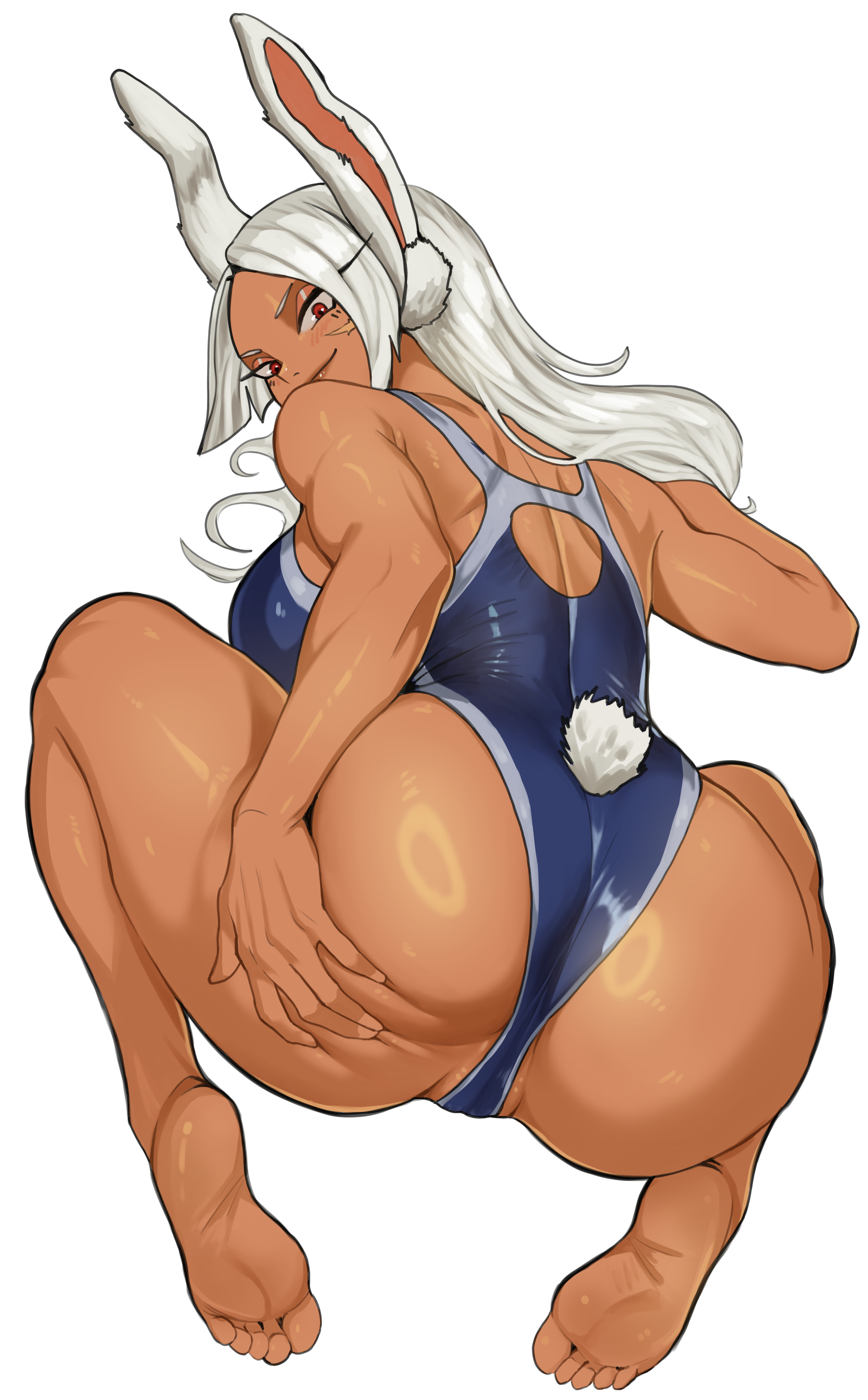 1girls, absurdres, against wall, animal ears, ass, back cutout, barefoot, black panties, black sweater, blue one-piece swimsuit, blush, boku no hero academia, breasts, bunny ears, bunny girl, bunny tail, cameltoe, clothing cutout, commentary, competition swimsuit, dark skin, dark-skinned female, english commentary, feet, female, from behind, hand on own ass, hand on wall, highres, huge ass, huge butt, large breasts, long eyelashes, long hair, looking at viewer, looking back, median furrow, mirko, miruko, my hero academia, one-piece swimsuit, parted bangs, parted lips, pussy, rabbit ears, rabbit girl, rabbit tail, red eyes, rumi usagiyama, scar, scar on face, shoulder blades, simple background, sitting, soles, solo, solo female, steaming body, sweat, swimsuit, tail, tail through clothes, thick thighs, thigh gap, thighs, thong, toes, toned, toned female, underwear, very long hair, wariza, white background, white hair, witlessfrawn