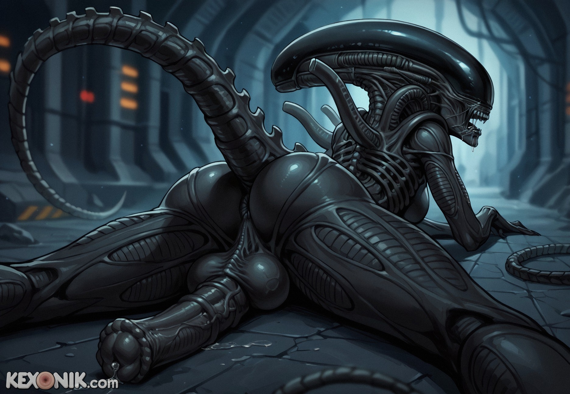 1futa, 1futanari, ai generated, alien, alien (franchise), ass focus, ass grab, back view, big, black, black body, black breasts, black penis, black skin, darkness, dickgirl, from behind, futanari, horror, horse penis, huge ass, huge cock, huge testicles, kexonik, looking back, lying on stomach, monster, night, penis focus, scrotum, solo, solo male, tail, xenomorph