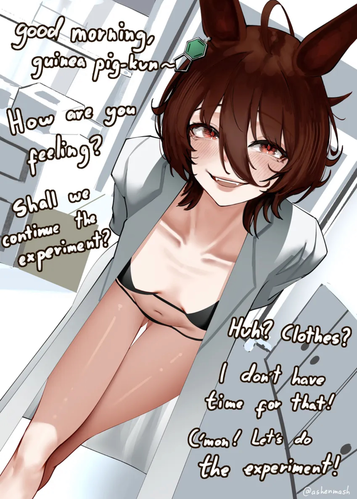 agnes tachyon (umamusume), ashenmash, ass, ass peek, ass visible through thighs, barely clothed, bikini, brown hair, butt, cheeky, cheeky smile, cute, cute face, cute female, dominant female, experimentation, female, female only, flat chest, flat chested, horse, horse ears, horse girl, implied femdom, juicy lips, labcoat, laboratory, leaning forward, orange eyes, pale skin, pale-skinned female, petite, petite body, petite female, sexy, sexy body, sexy female, skinny, skinny waist, slender body, slender build, slender legs, slender waist, small breasts, speaking to viewer, submissive viewer, talking to viewer, tiny breasts, umamusume, umamusume pretty derby, v line