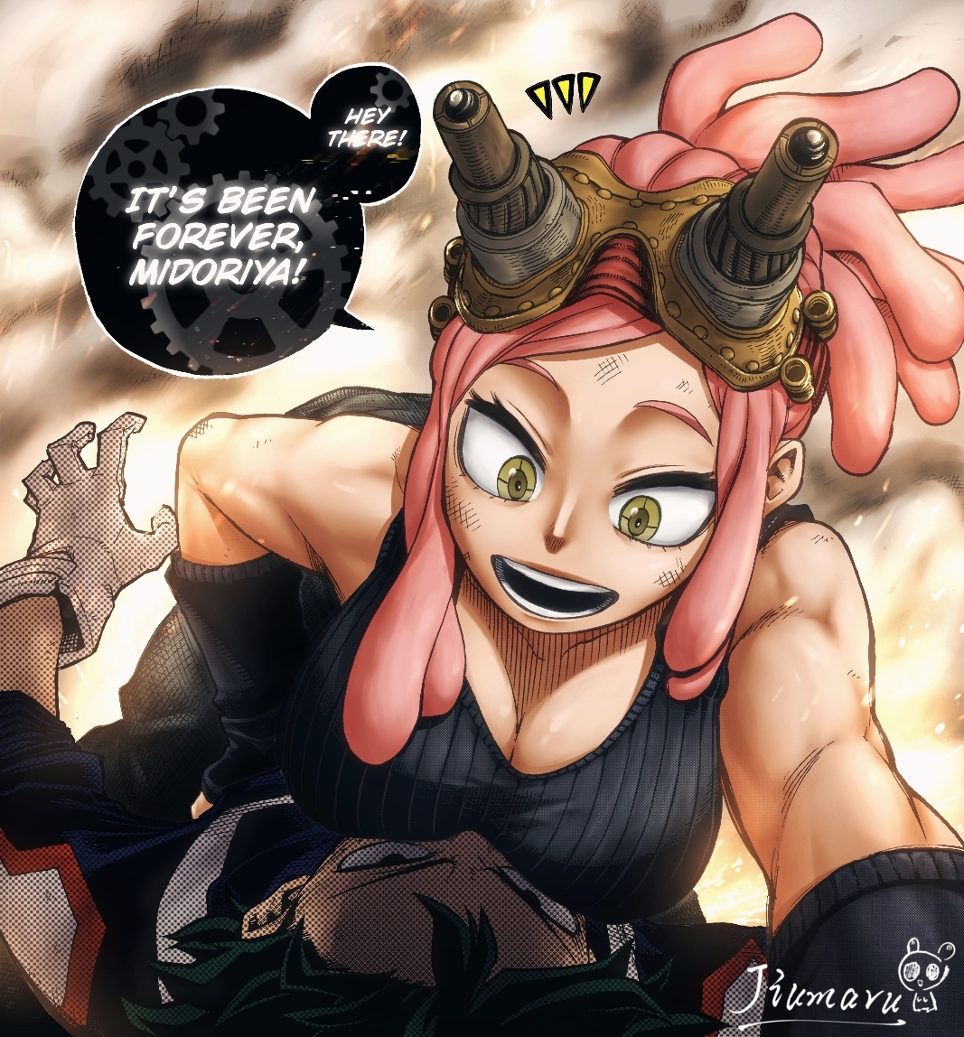 1boy, 1girls, artist name, bare shoulders, big breasts, breast smother, breasts, canonical scene, cleavage, colorized, determined, dreadlocks, english text, face to breasts, fallen down, female, gloves, goggles, green eyes, green hair, green-haired male, hatsume mei, hi res, highres, horikoshi kouhei, izuku midoriya, jiumaru, kohei horikoshi, large breasts, long hair, looking at another, looking down, lying, male, manga, mei hatsume, midoriya izuku, my hero academia, official art, on back, open mouth, pink hair, pink-haired female, serious, sleeveless, smile, smoke, speech bubble, symbol-shaped pupils, tank top, third-party edit, tied hair, unusual anatomy, unusual eyes, unusual pupils, yellow eyes