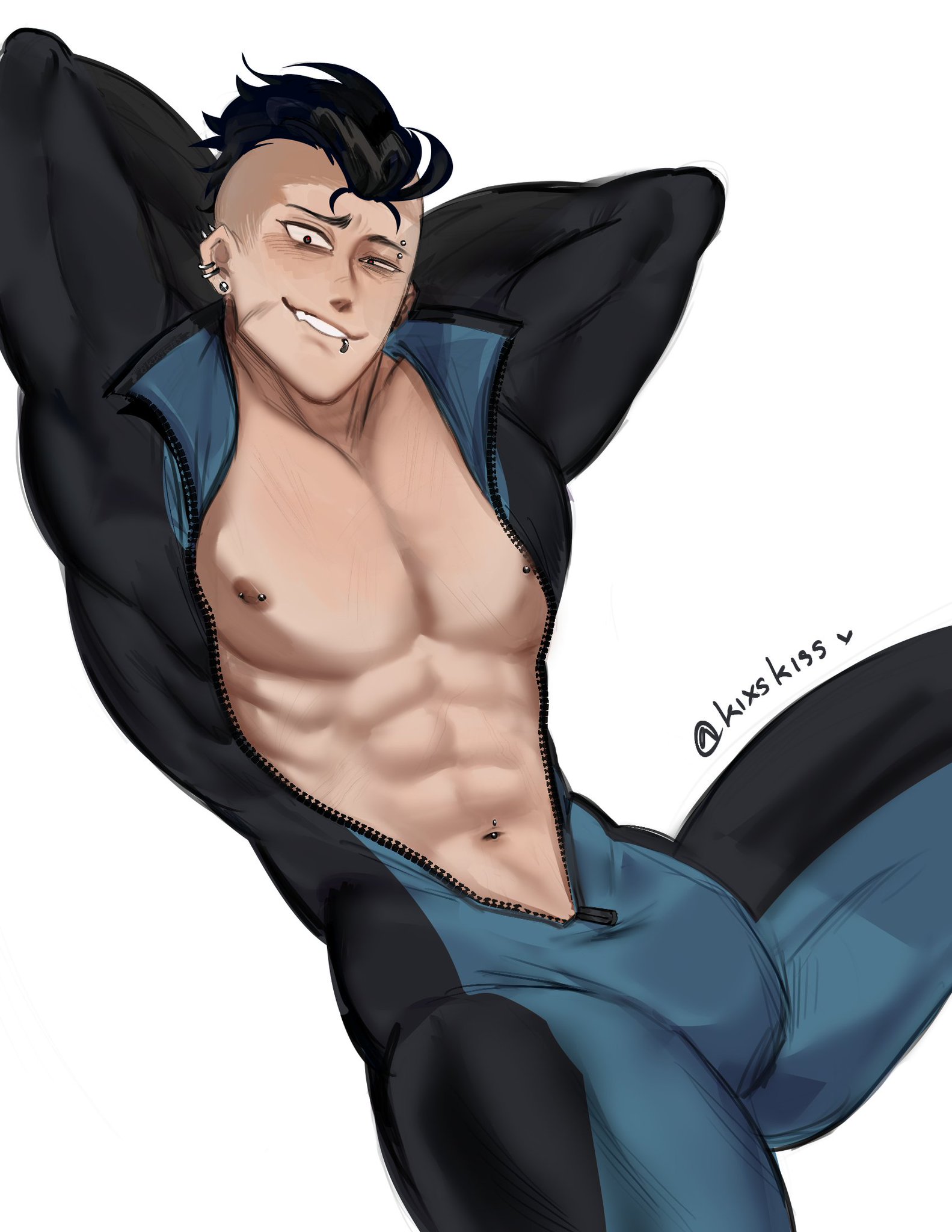 1boy, bara, big pecs, bulge, invincible, invincible (tv series), kixskiss, male, male only, mark grayson, mohawk, mohawk (hairstyle), mohawk mark, muscular, muscular male, solo, unzipped