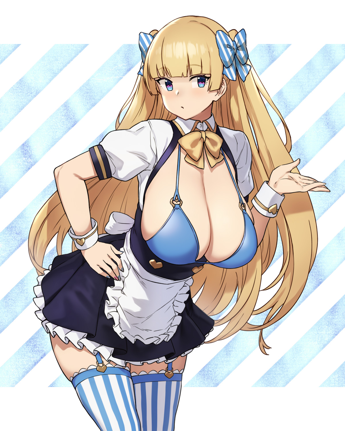 1girls, big breasts, blonde hair, bra, breasts, cleavage, female, houtengeki, large breasts, light skin, light-skinned female, lina bell roll (michihasu), original, original character, solo, solo female, thighhighs