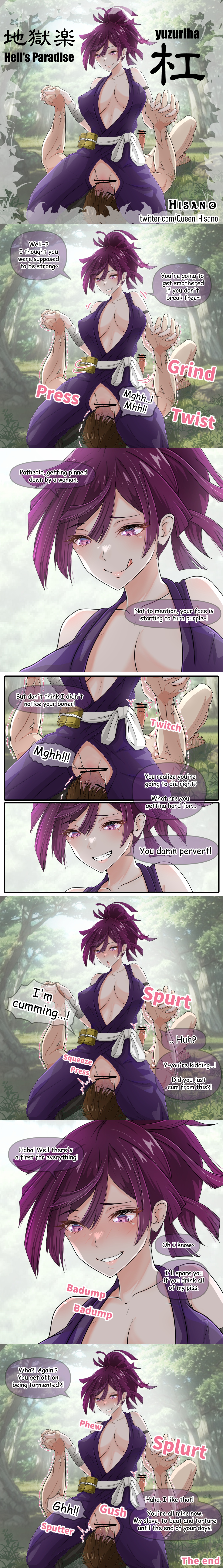 1boy, 1girls, bar censor, boobs, breasts, censor bar, censored, censored penis, choking, cock, cum, cunnilingus, dick, drinking urine, ejaculation, facesitting, female, female on top, femdom, genitals, handholding, hisano, holding hands, jigokuraku, male, male on bottom, no panties, orgasm, peeing, penis, piss, piss drinking, pissing, pissing in mouth, semen, tits, woman, woman on top, yuzuriha (jigokuraku)