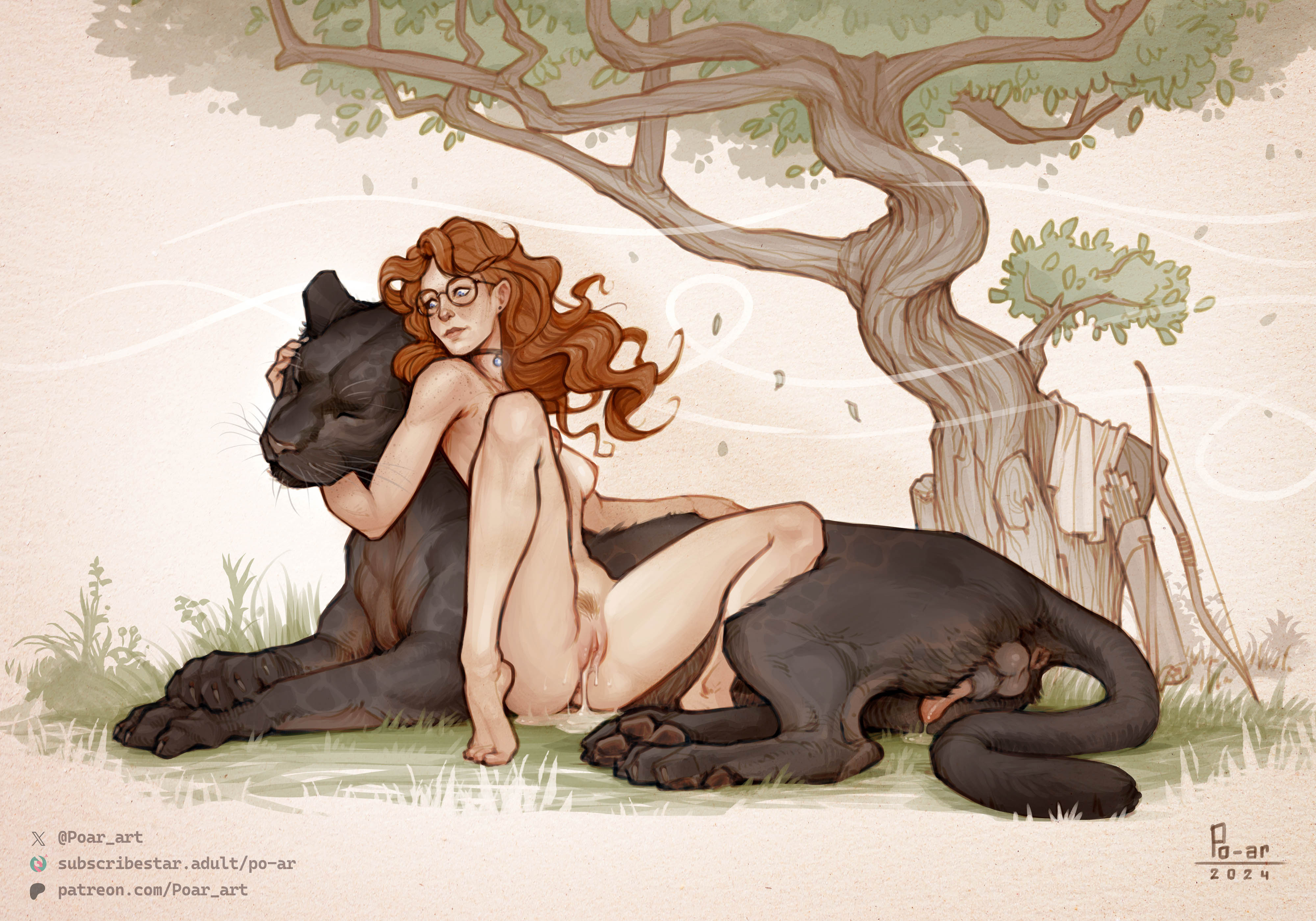 1boy, after bestiality, after sex, after vaginal, animal, anus, archer, breasts, brown hair, cum in pussy, dated, felid, feline, feline on human, female, female on feral, feral on female, feral on human, glasses, human female, human on feral, implied bestiality, implied sex, leaking cum, long hair, medium breasts, nature, nipples, nude, outdoors, pale skin, penis, po-ar, pubic hair, pussy, sex, size difference, skinny, smaller female, smaller human, spread legs, straight, submissive human, tree, uncensored, vagina, vaginal, vaginal penetration, web address, zoophilia