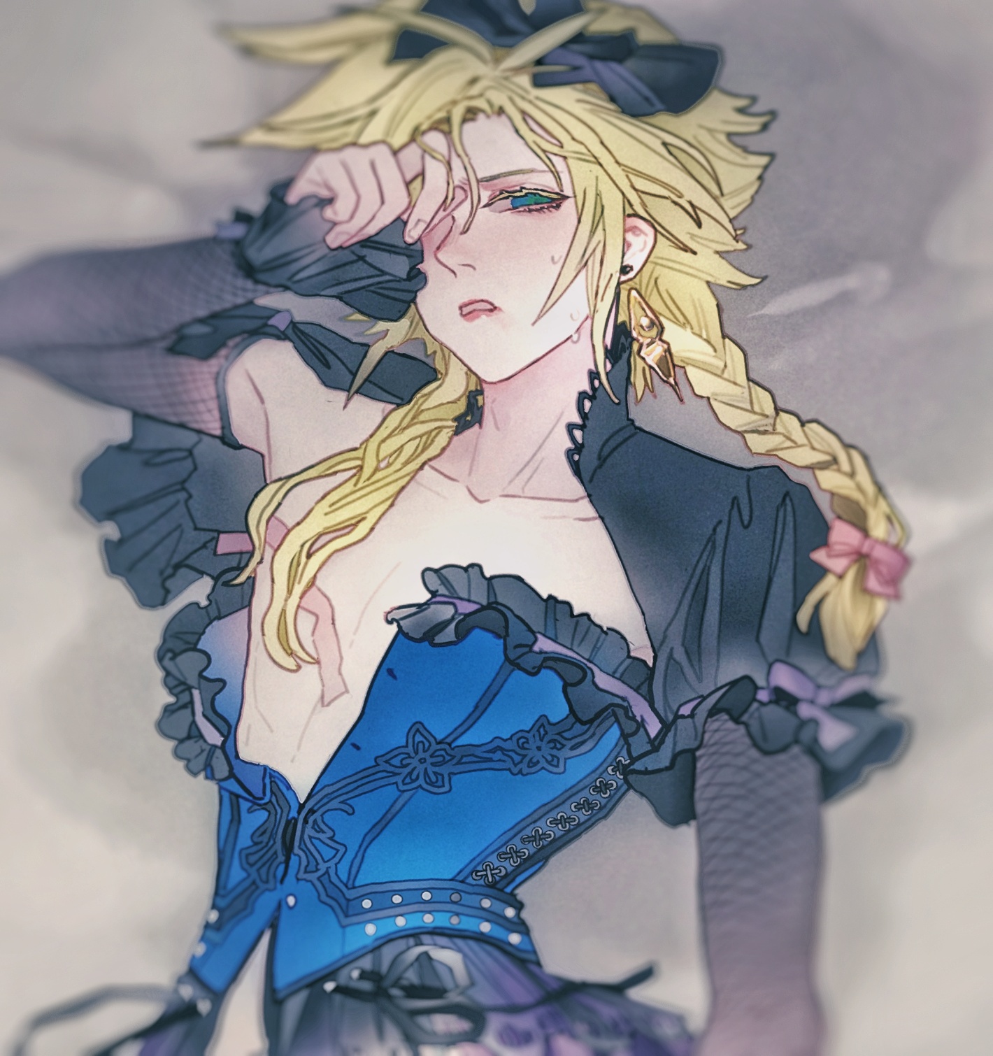 bed, bed sheet, blonde hair, blue eyes, blush, braid, cloud strife, corset, crossdressing, dress, eye contact, femboy, final fantasy, final fantasy vii, green eyes, male, male only, nipples, pigtails, pov, sissy, solo, solo male, sweat, thunder head