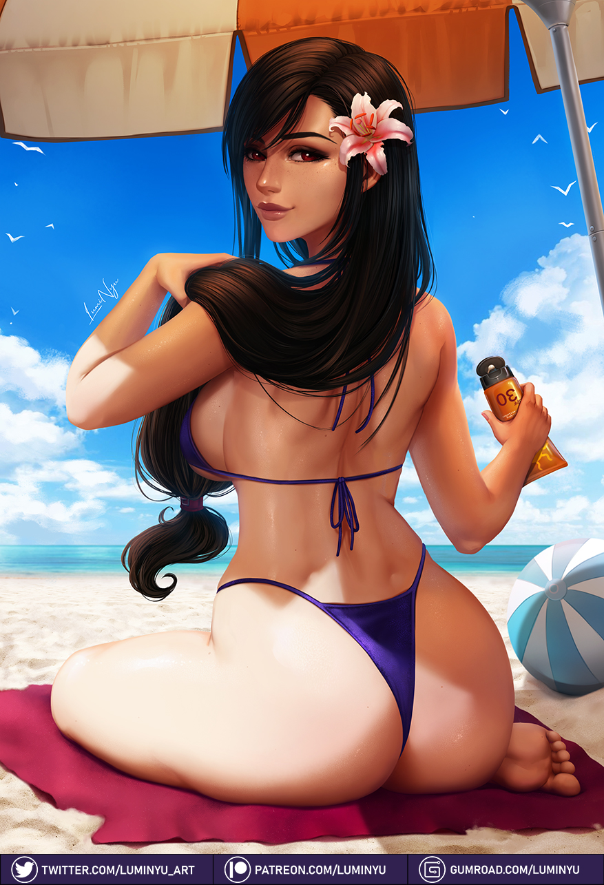 1girls, ass, back, back muscles, back view, beach, beach ball, big ass, big breasts, big butt, bikini, black hair, breasts, brown eyes, brown hair, curvaceous, curvy, feet, female, female focus, female only, final fantasy, final fantasy vii, final fantasy vii remake, hips, holding hair, holding object, large breasts, long hair, looking at viewer, looking back, luminyu, muscles, ocean, purple bikini, red eyes, smile, smiling, solo, solo female, solo focus, summer, sun, swimsuit, thick, thick thighs, thighs, thong, thong bikini, tifa lockhart, toes, underboob, very long hair, voluptuous