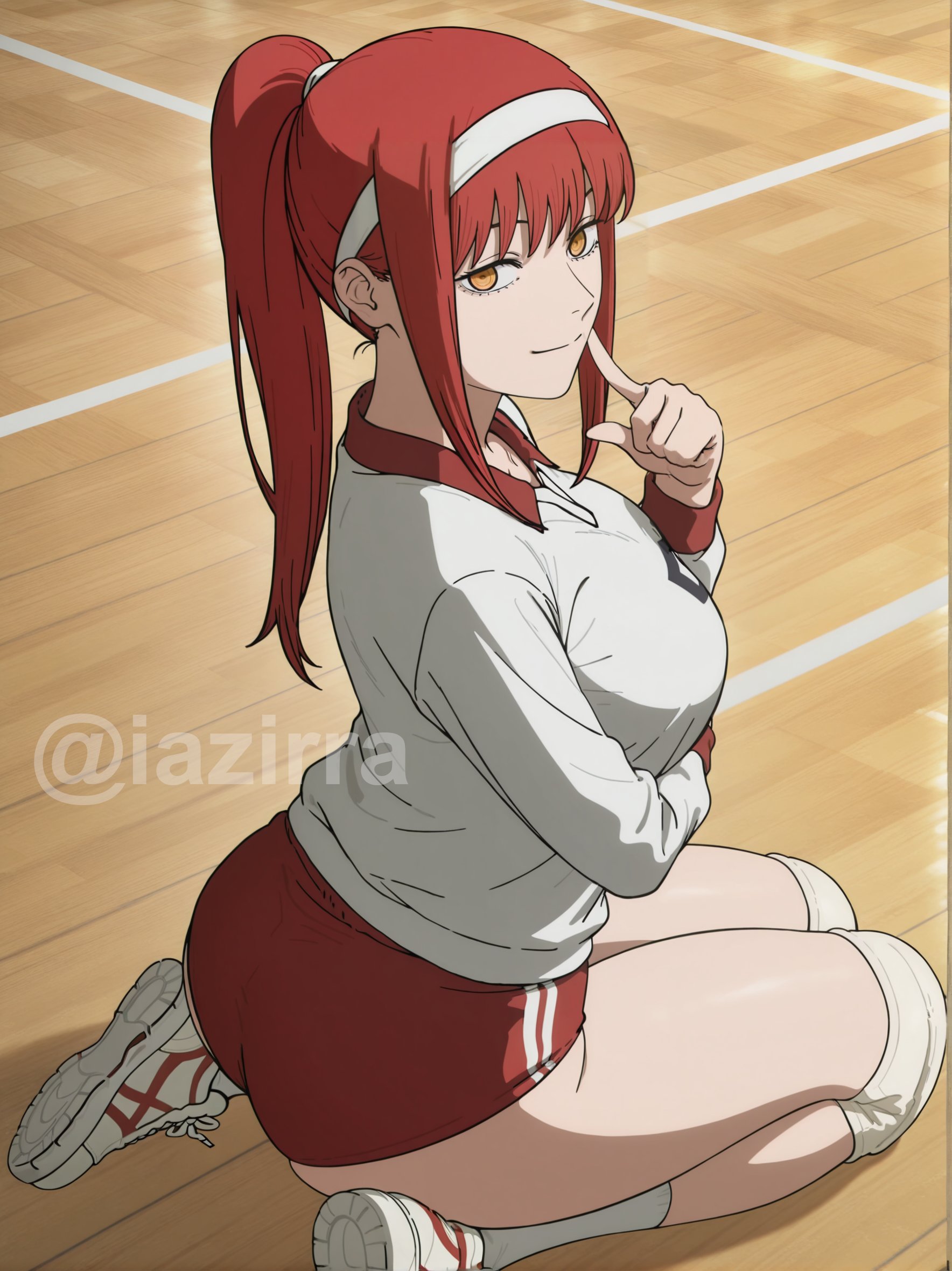 1girls, ai generated, ass, bangs, big ass, big breasts, big butt, breasts, chainsaw man, clothed, clothed female, female, female focus, female only, gym clothes, gym uniform, iazirra, large ass, large boobs, large breasts, large butt, light skin, light-skinned female, looking at viewer, looking back at viewer, looking pleasured, makima (chainsaw man), on knees, pony tail, ponytail, red hair, red hair female, redhair, solo, solo female, solo focus, thick thighs, thighs, yellow eyes, yellow eyes female