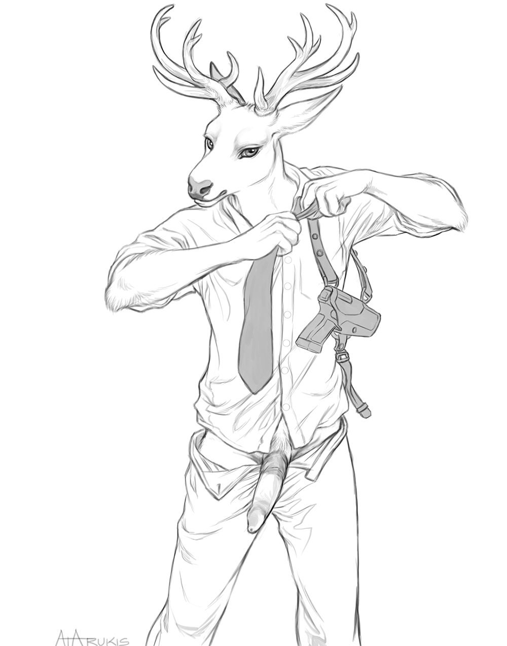 2020 5_fingers anthro antlers cervid clothed clothing digital_media_(artwork) fingers genitals gun hi_res holstered_pistol horn male male_only mammal monochrome penis ranged_weapon rukis solo weapon