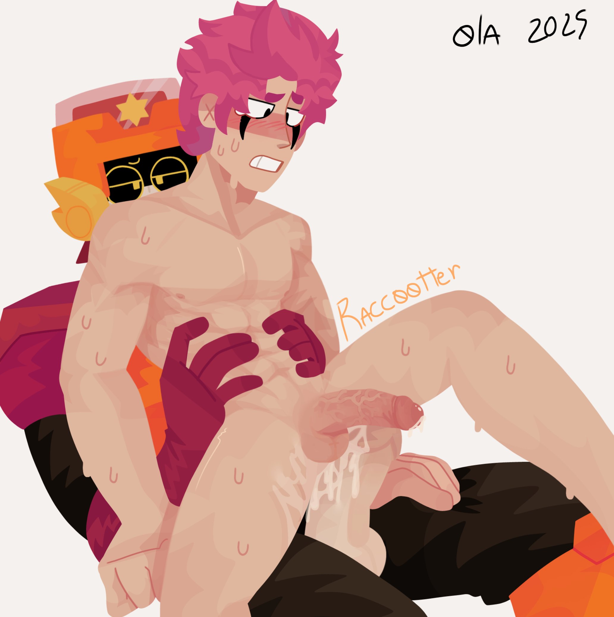 brawl stars, chester (brawl stars), cum, cum inside, gay, lawrie (brawl stars), male only, on top, raccootterr, sex, yaoi