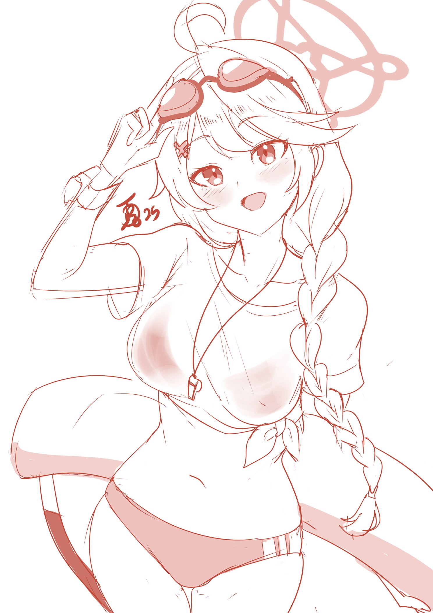 :d, 1girls, 2025, bare thighs, blue archive, blush, braid, braided ponytail, breasts, female, female only, gym uniform, kirino (blue archive), kirino (swimsuit) (blue archive), large breasts, long hair, navel, open mouth, revolverwingstudios, see-through, see-through shirt, shirt, short shorts, shorts, smile, sports shorts, sportswear, stomach, thighs, white background