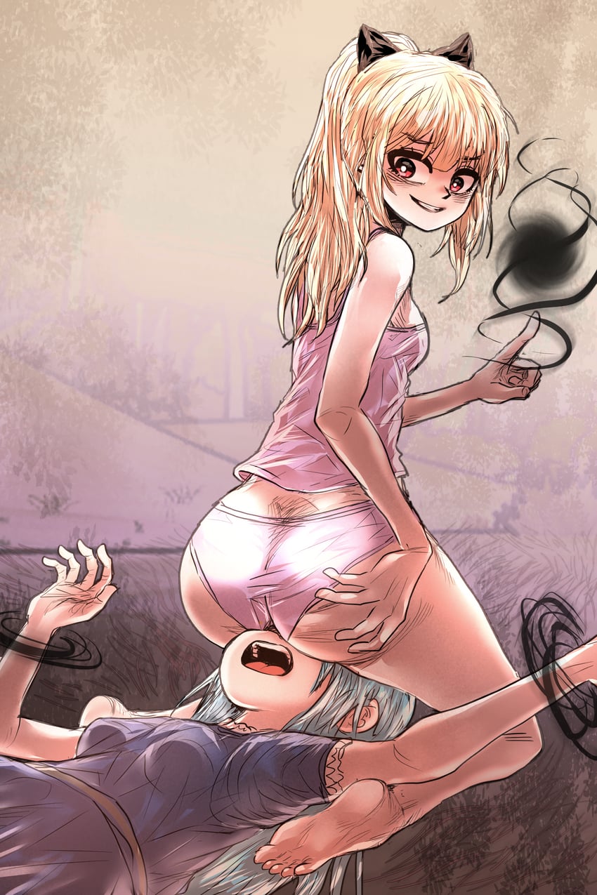 2girls, ass, barefoot, blonde hair, blue dress, bondage, bound, bow, breasts, bright pupils, camisole, dark magic, dress, evil smile, facesitting, female only, femdom, gradient background, grey hair, grin, hairbow, hand on own ass, index finger raised, long hair, looking back, lying, lying on back, magic, multiple girls, no pants, on back, on floor, open mouth, panties, pink camisole, pink panties, ponytail, red eyes, restrained, simple background, sitting, sitting on face, sitting on person, small breasts, smile, underwear, yuri