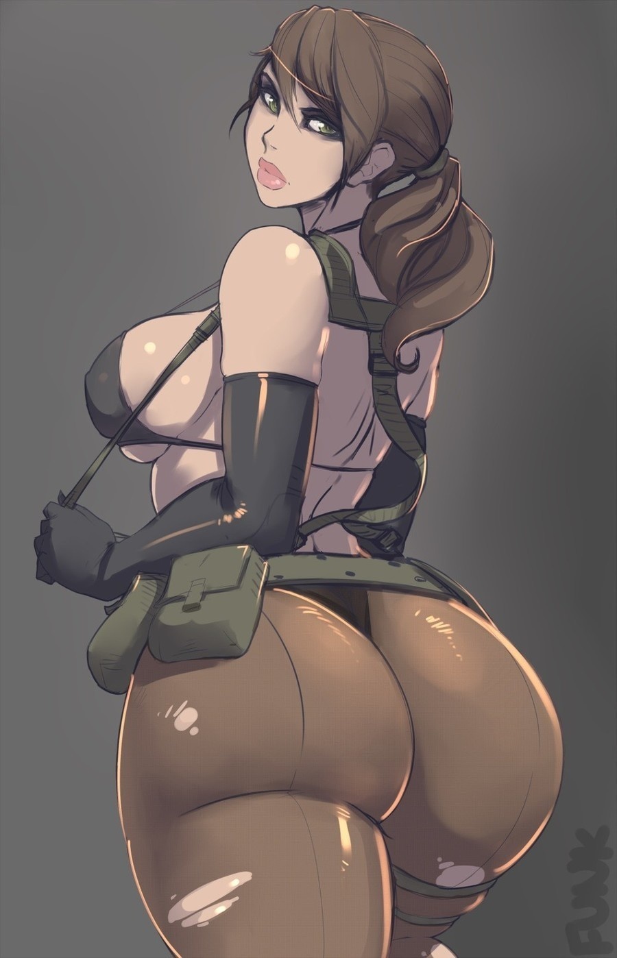 ass, big ass, big lips, breasts, brown hair, cute, elbow gloves, eyeliner, fat ass, female, gloves, green eyes, higher resolution available, huge ass, large breasts, latex, latex gloves, lips, lipstick, live for the funk, looking at viewer, looking back, metal gear solid v, ponytail, quiet (metal gear), ripped clothes, ripped clothing, thick thighs, thighs