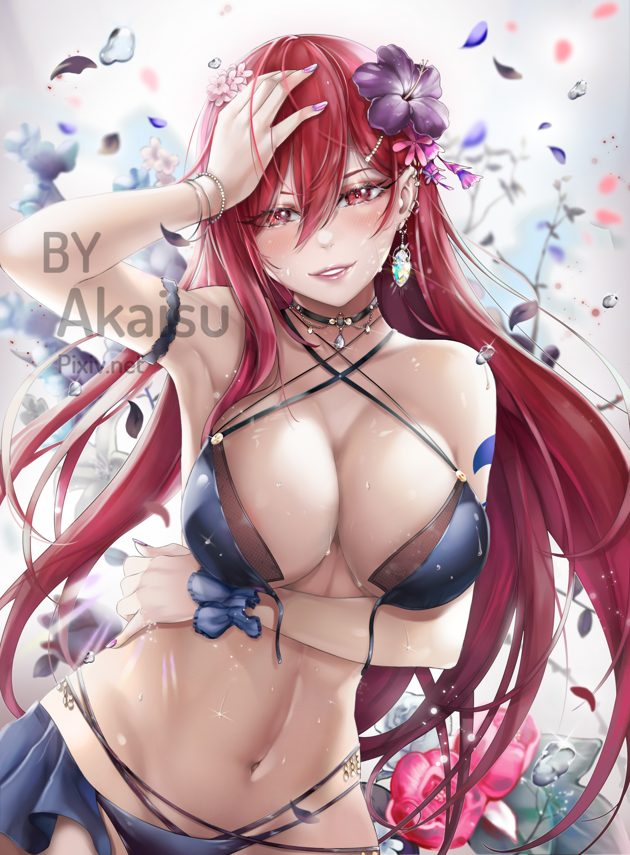 1girls, abs, akaisu, areolae, arm tattoo, bare shoulders, bbw, big breasts, bikini, bikini bottom, bikini top, blue tattoo, bra, bracelet, breasts, busty, cleavage, erect nipples, erza scarlet, fairy tail, fairy tail mark, female, female only, hair flower, hand on head, large breasts, light skin, light-skinned female, lipstick, long hair, looking at viewer, nail polish, necklace, nipple bulge, nipples, pale skin, pale-skinned female, panties, pink lips, pink lipstick, pink nail polish, pink nails, pose, posing, red eyes, red hair, red-haired female, short skirt, skirt, solo, solo female, solo focus, standing, sweat, sweatdrop, swimsuit, tattoo, untied bikini, voluptuous, white background