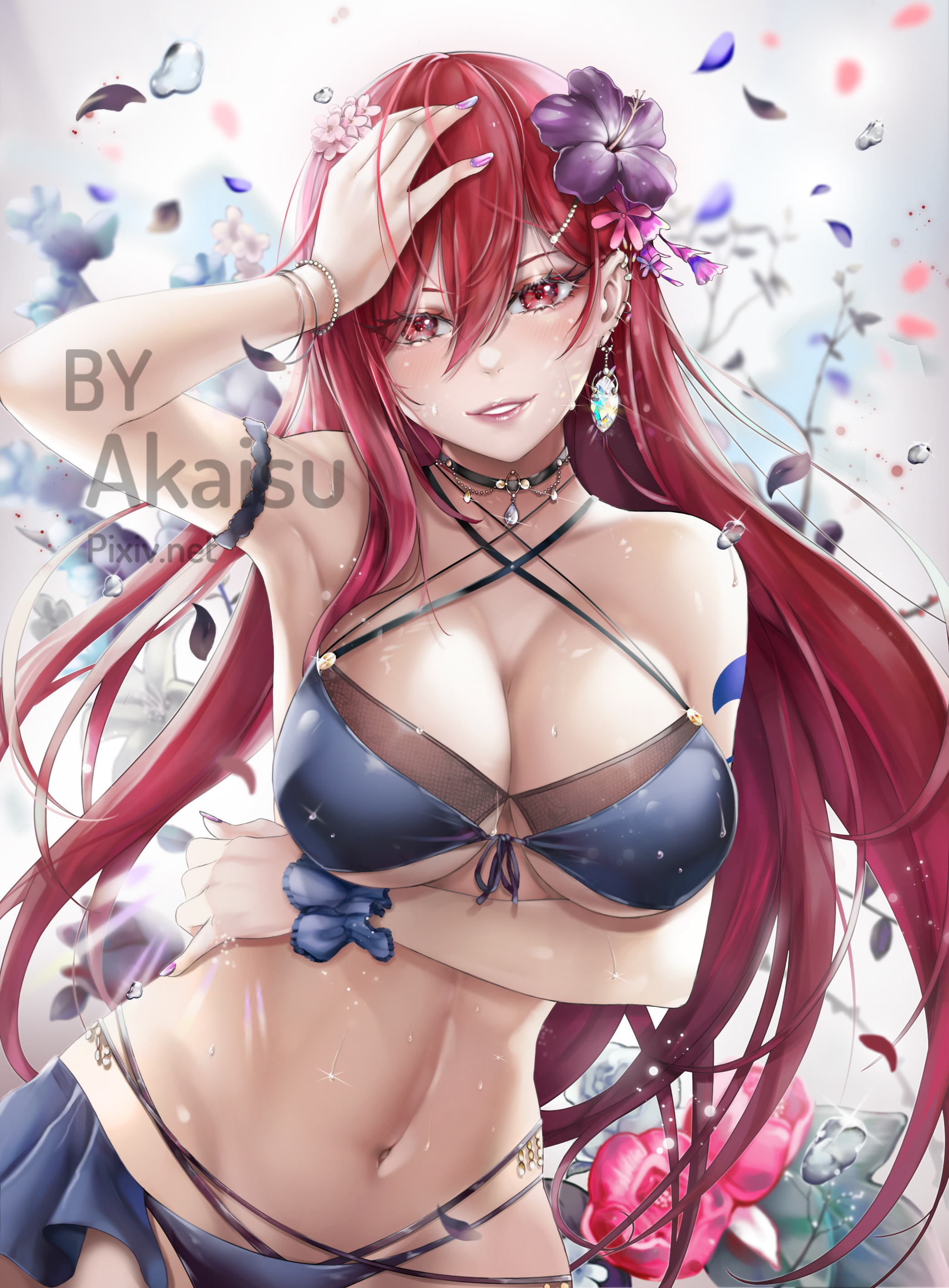 1girls, abs, akaisu, arm tattoo, bare shoulders, bikini, bikini bottom, bikini top, blue tattoo, bra, bracelet, breasts, busty, cleavage, erect nipples, erza scarlet, fairy tail, fairy tail mark, female, female only, hair flower, hand on head, light skin, light-skinned female, lipstick, long hair, looking at viewer, nail polish, necklace, nipple bulge, nipples, pale skin, pale-skinned female, panties, pink lips, pink lipstick, pink nail polish, pink nails, pose, posing, red eyes, red hair, red-haired female, short skirt, skirt, solo, solo female, solo focus, standing, sweat, sweatdrop, swimsuit, tattoo, voluptuous, white background
