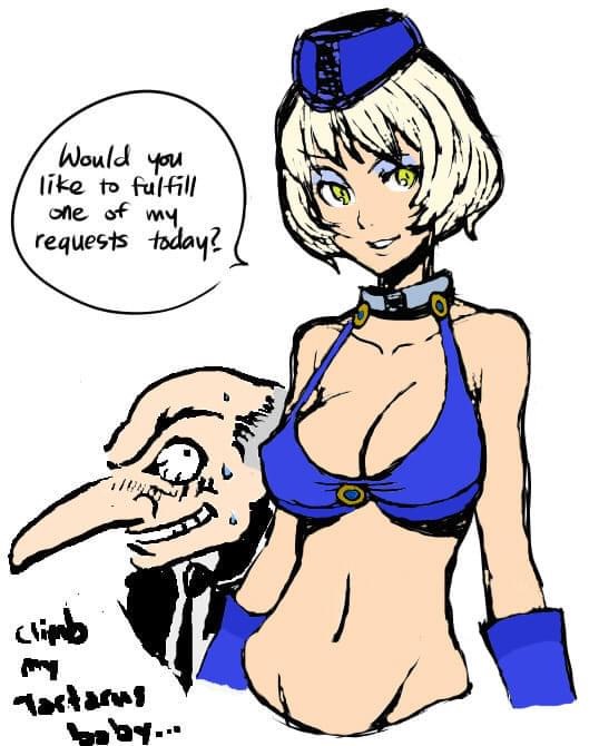 big_breasts bra breasts elizabeth_(persona) gloves hat igor_(persona) large_breasts looking_at_viewer persona persona_3 platinum_blonde_hair speech_bubble tagme tagme_(artist) white_background yellow_eyes