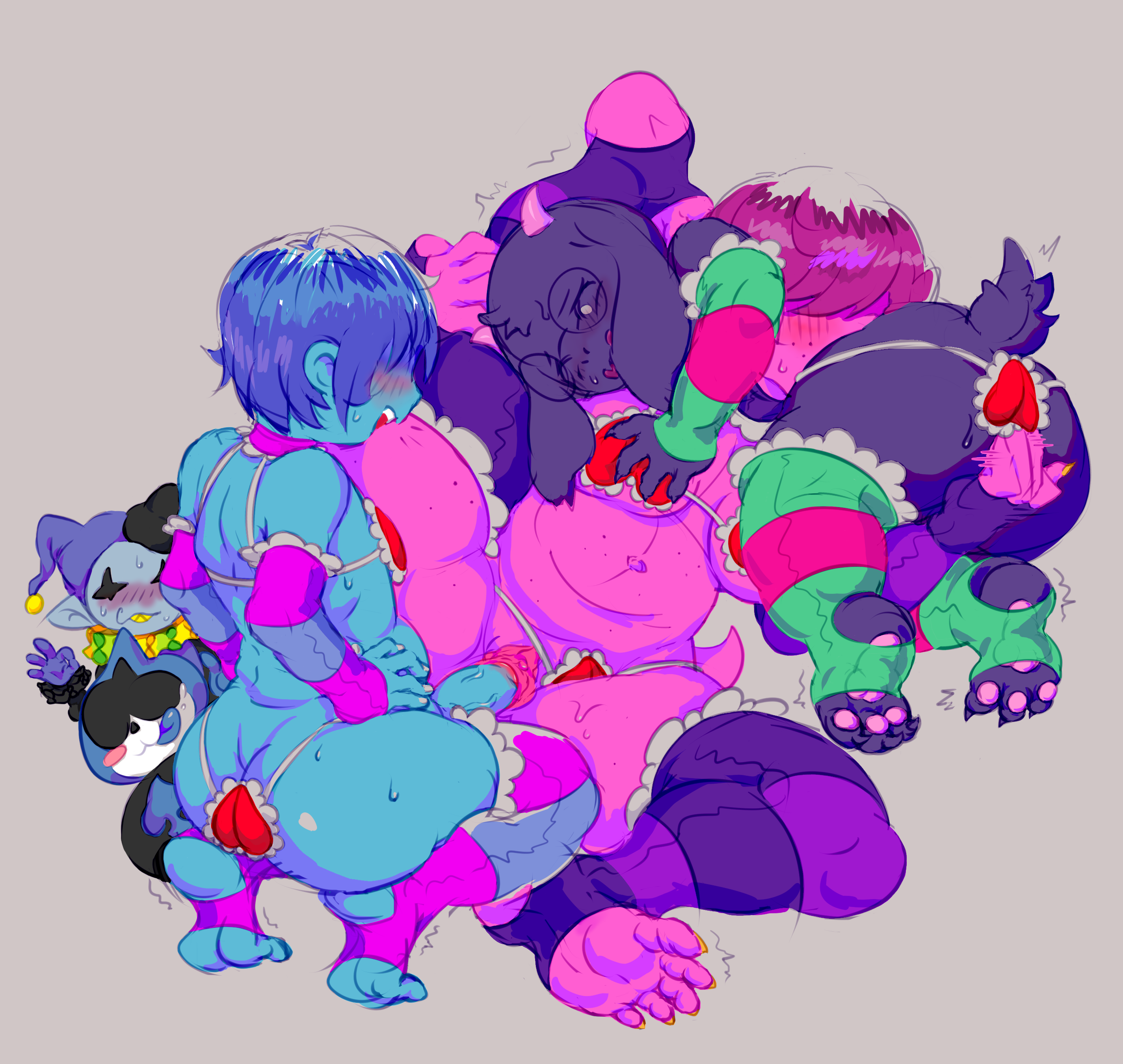 1girls, 2boys, anthro, breast grab, breasts, deltarune, female, girly, jevil (deltarune), kris (deltarune), lancer (deltarune), male, mmf threesome, pussy, ralsei, stirrup legwear, susie (deltarune), threesome, vaginal penetration
