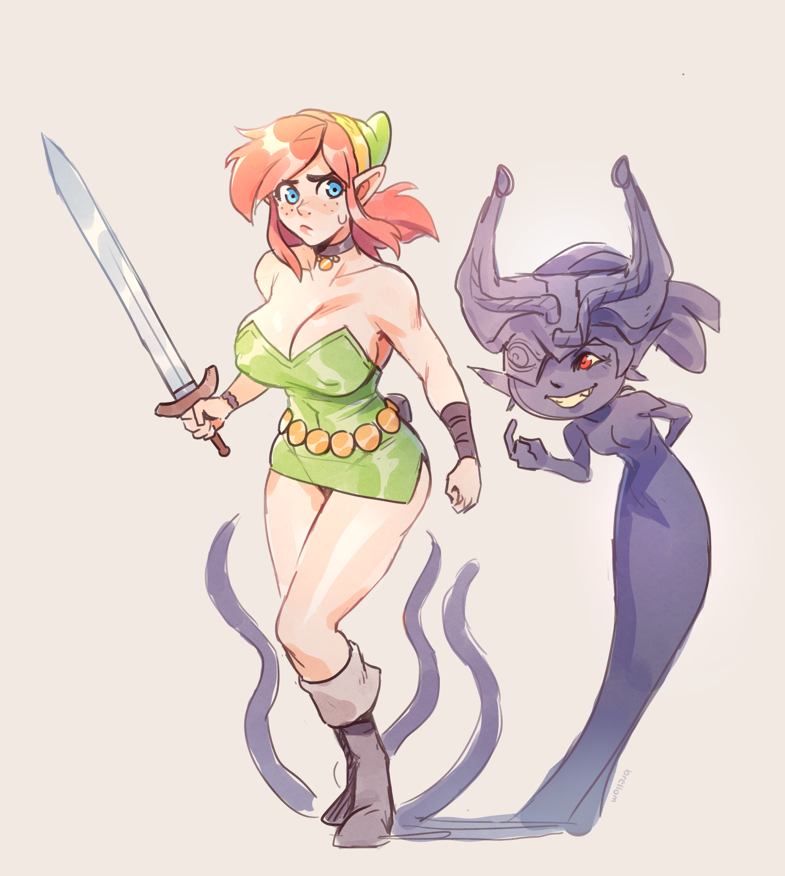 2girls, blue eyes, brellom, cap of the hero, choker, female, female only, imp midna, link, link (shounen captain), midna, nintendo, nipple bulge, ordon sword, pink hair, rule 63, shadow, sweatdrop, sword, tagme, the legend of zelda, twilight princess