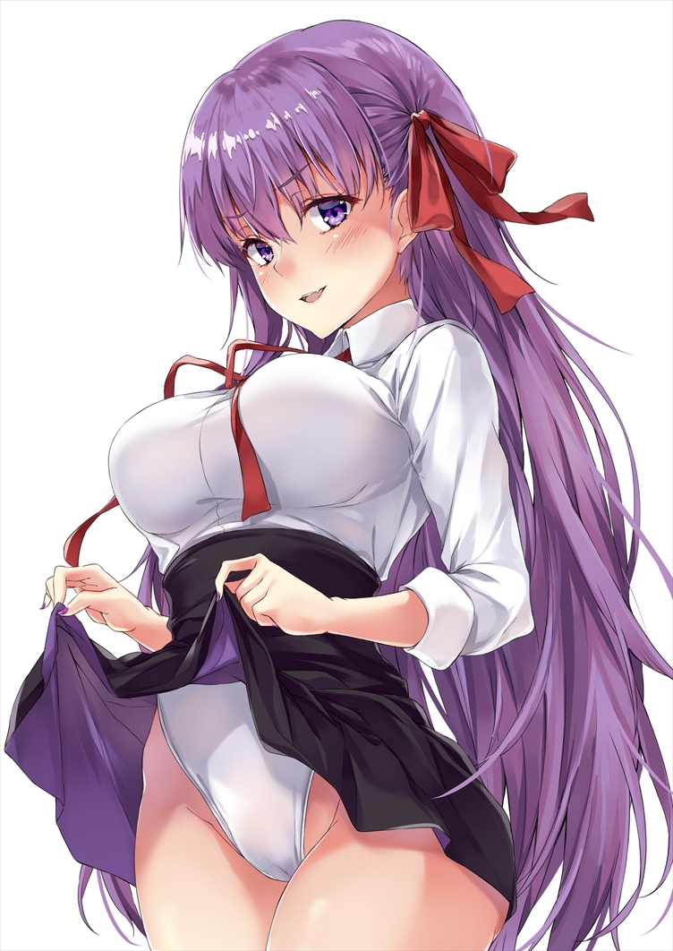 :d, bangs, bb (fate), black skirt, blush, bow, breasts, collared shirt, eyebrows visible through hair, fate (series), fate/extra, fate/extra ccc, fate/grand order, female, groin, hair between eyes, hair ornament, hairbow, high-waist skirt, highleg, highleg leotard, large breasts, leotard, leotard under clothes, lifted by self, long hair, long sleeves, looking at viewer, marisasu (marisa0904), neck ribbon, open mouth, purple eyes, purple hair, red bow, red ribbon, ribbon, shirt, simple background, skirt, skirt lift, smile, solo, very long hair, white background, white leotard, white shirt