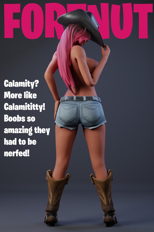 1girls, 3d, ass, big breasts, blender, boots, breasts, calamity (fortnite), covering, covering breasts, cowgirl, cowgirl hat, dark skin, dark-skinned female, female, female only, fortnite, jeans, long hair, magazine, magazine cover, pink hair, short jeans, tagme, text, topless, viewed from behind