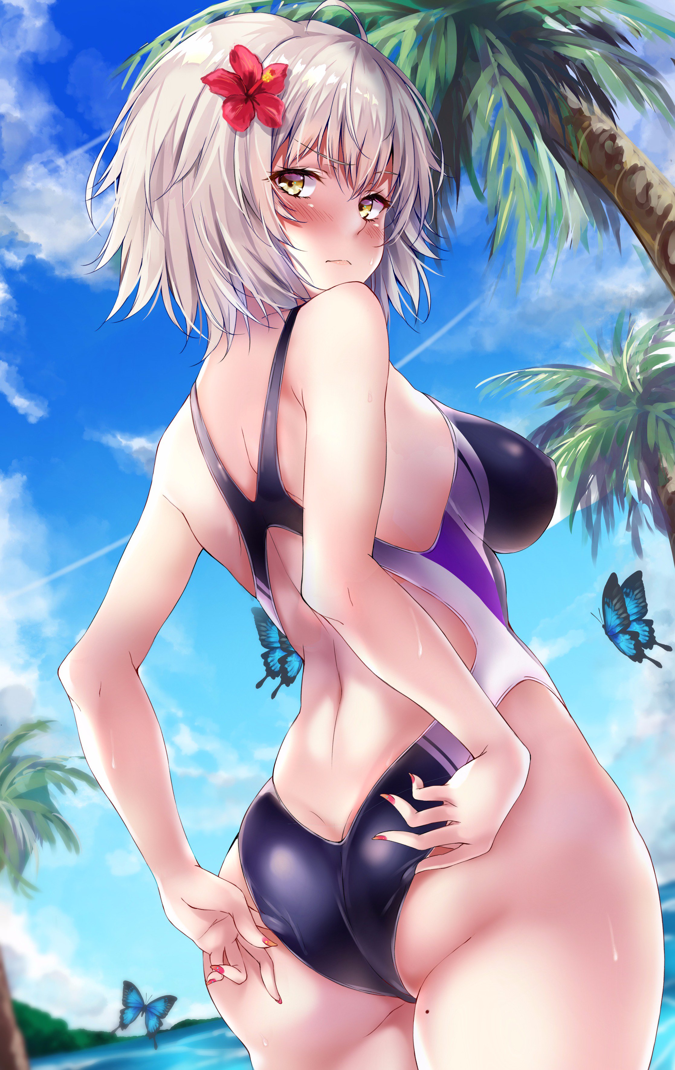 adjusting clothes, adjusting swimsuit, ahoge, alternative costume, ass, back, bangs, blue butterfly, blue sky, blush, breasts, bug, cloud, cloudy sky, competition swimsuit, cowboy shot, day, dutch angle, eyebrows visible through hair, fate (series), fate/grand order, female, flower, frown, grey hair, hair flower, hair ornament, hibiscus, high resolution, horizon, igarashi marisasu, jeanne alter, looking at viewer, looking back, marisasu (marisa0904), medium breasts, mole on thigh, nail polish, ocean, one-piece swimsuit, palm tree, red flower, red nails, short hair, shoulder blades, sidelocks, silver hair, sky, solo, standing, sukumizu, swimsuit, thighs, tree, very high resolution, wet, yellow eyes