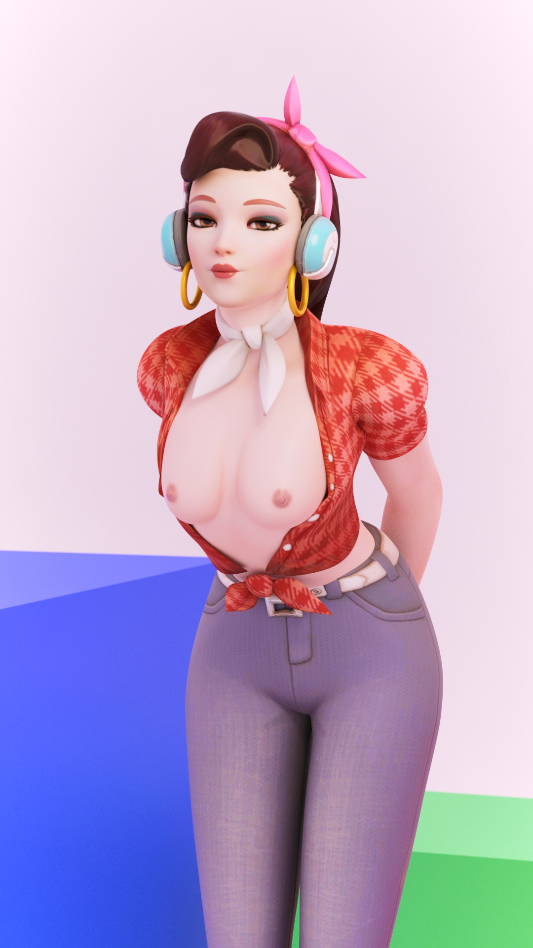 3d, asian, blender, breasts, cruiser d.va, d.va, female, nipples, overwatch, standing, topless