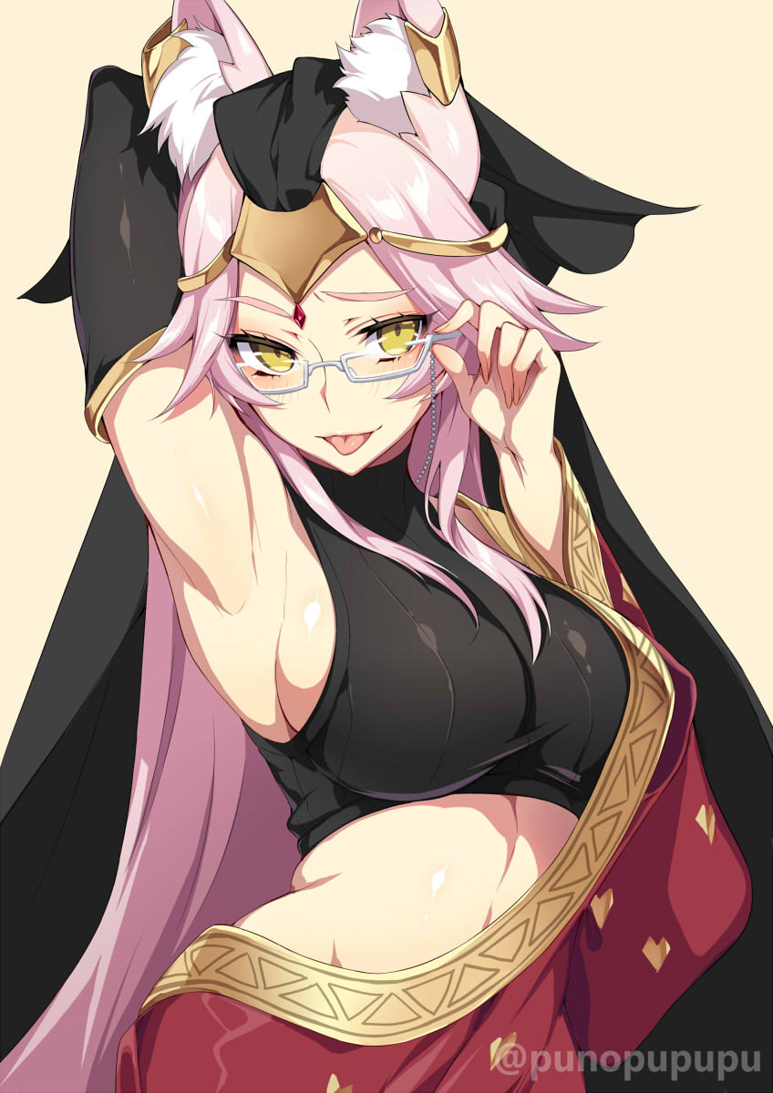 animal ears, armpits, arms behind head, fate (series), fate/grand order, female, fox girl, glasses, koyanskaya (fate), zeroshiki kouichi