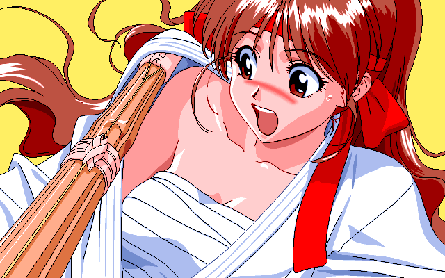 1girls 90s accidental_exposure assisted_exposure asuka_(viper) bandage blush bow breasts brown_eyes brown_hair chest_wraps cleavage clothed clothing eyebrows_visible_through_hair female female_only game_cg hair_ribbon headband kendo kendo_gi long_hair long_ponytail matching_hair/eyes medium_breasts offscreen_character open_mouth ponytail red_headband ribbon sarashi shinai simple_background sogna solo stick surprised sweat sweatdrop sword teeth tied_hair tongue undressing viper_(series) viper_v10 weapon yellow_background