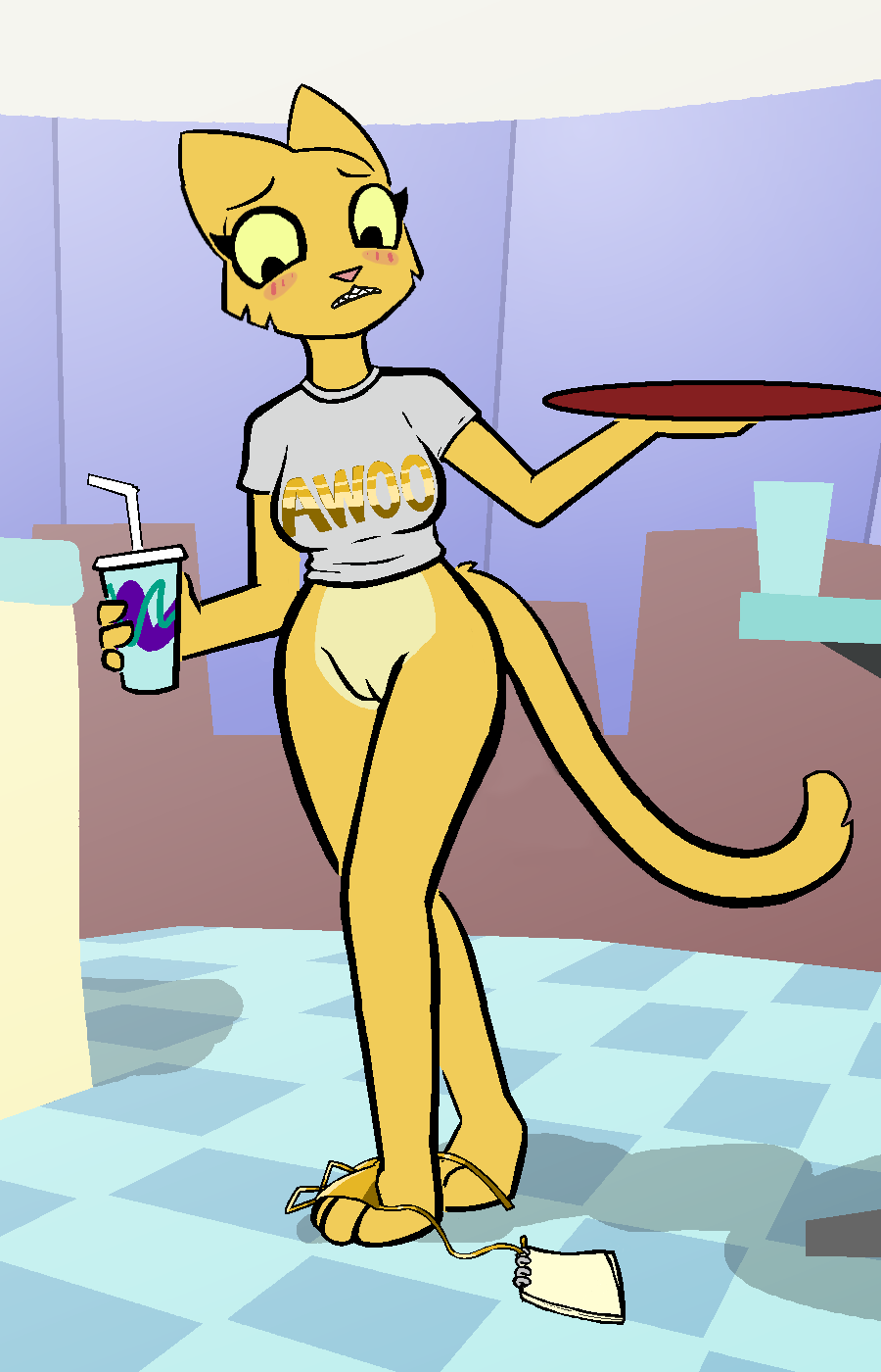 9:14 anthro aygee barefoot bethesda_softworks beverage bikini bikini_bottom blush clothing edit embarrassed felid feline female furry hi_res inside katia_managan khajiit mammal prequel shirt solo standing surprise swimwear the_elder_scrolls topwear video_games wardrobe_malfunction webcomic yellow_body