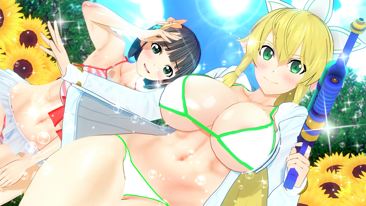3d, alfheim online, alternate breast size, bikini, black hair, blonde hair, blush, breasts, cocoron, elf, female, green eyes, huge breasts, kirigaya suguha, koikatsu, leafa, red bikini, smile, sword art online, white bikini