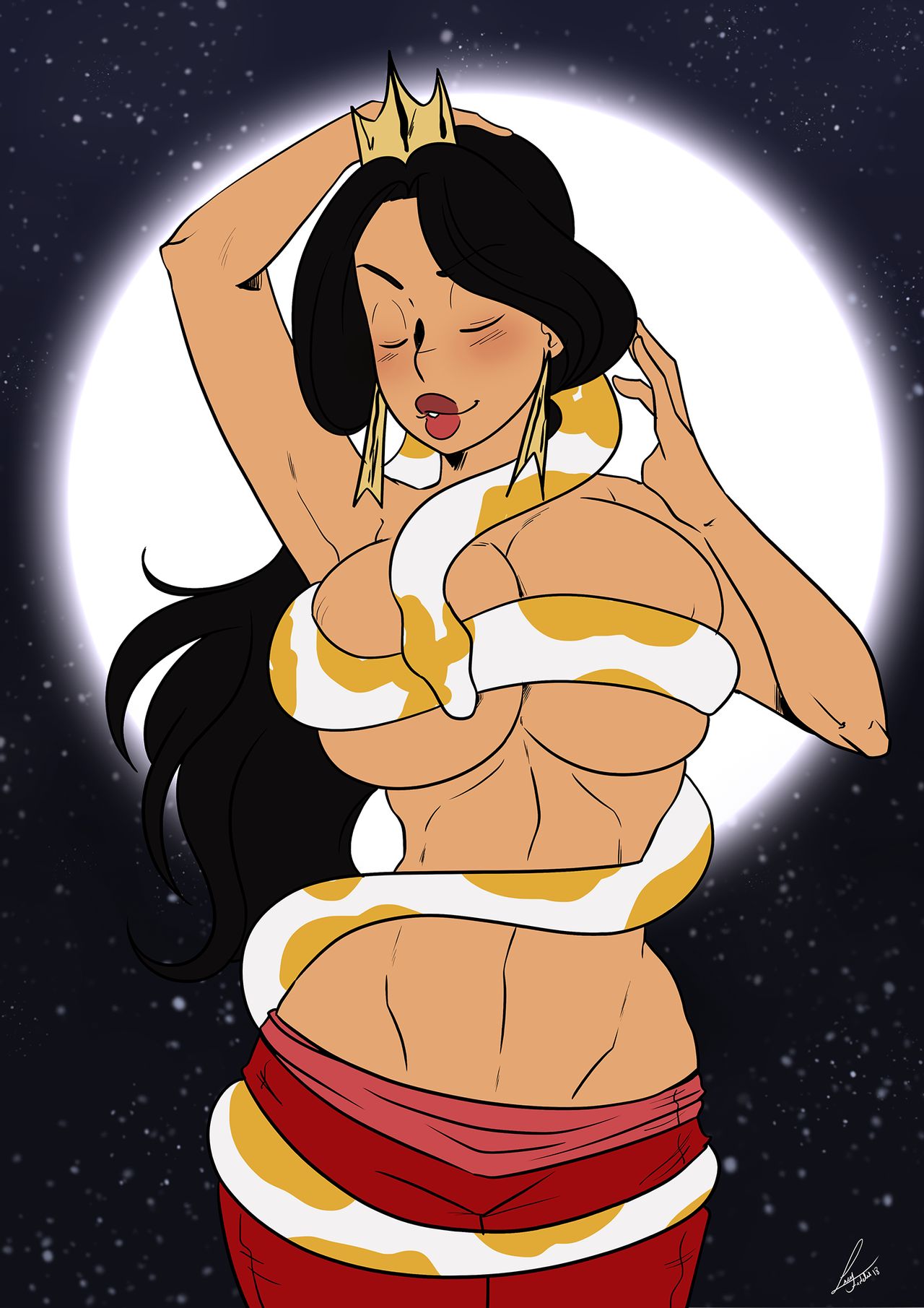 aladdin arabian arabian_clothes arm_up ass belly_dancer belly_dancer_outfit black_hair cleavage closed_eyes coils dancer dancer_outfit dancing disney disney_princess earrings enslaved_royal evil_queen_jasmine eyes_closed full_moon harem_girl harem_outfit harem_pants jafar_harem_outfit large_breasts long_hair lufidelis moon navel nipples_covered princess princess_jasmine royalty seductive seductive_smile slave slave_outfit slavegirl snake squeezing_breast stripper stripping tiara topless wide_hips