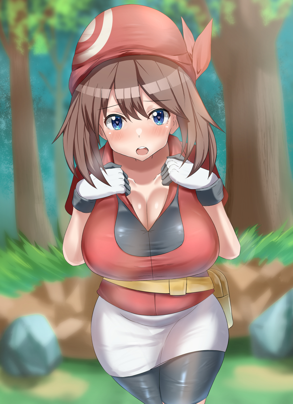 1girls bag belt big_breasts blue_eyes blush breasts brown_hair eye_contact heart-shaped_pupils human jpeg large_breasts leggings looking_at_viewer may_(pokemon) medium_hair nintendo pale-skinned_female pale_skin pokemon pokemon_rse shorts solo tsukunendo