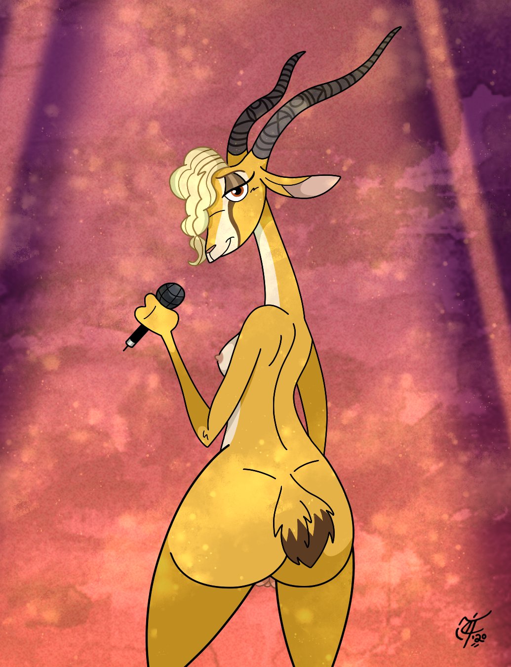 antelope anthro ass blonde_hair bovid breasts digital_media_(artwork) disney female fur gazelle gazelle_(zootopia) genitals hair hi_res horn looking_at_viewer mammal microphone nanger nipples nude orange_eyes pinup pose pussy simple_background small_breasts solo true_antelope unclescooter zootopia