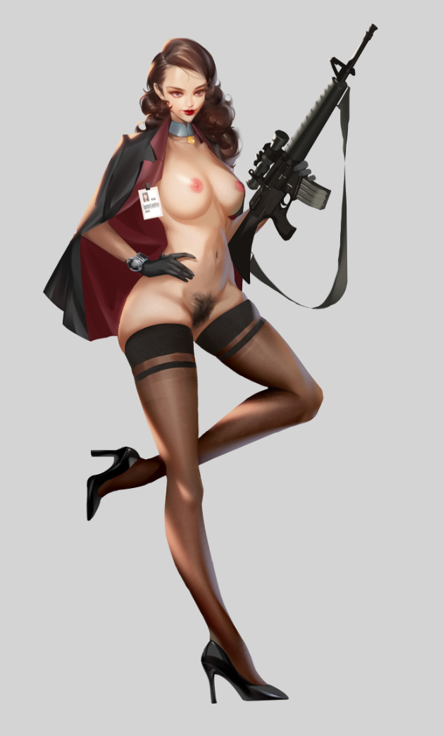 1girls areolae artist_request assault_rifle breasts breasts_out brown_hair coat female gloves hands_on_hip heels high_heels mostly_nude navel nipples pubic_hair pussy rifle solo thick_thighs thighhighs vagina wide_hips wild_bird_(artist)