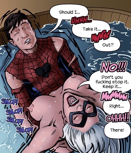 1boy, 1girls, areola, areolae, black cat (marvel), breasts, comic, cumming, dialogue, english text, felicia hardy, female, jock, male, marvel, marvel comics, nerd, nipples, older female, outfucked male, peter parker, source request, speech bubble, spider-man, spider-man (series), straight, straight hair, tracyscops, wet, white hair, younger male